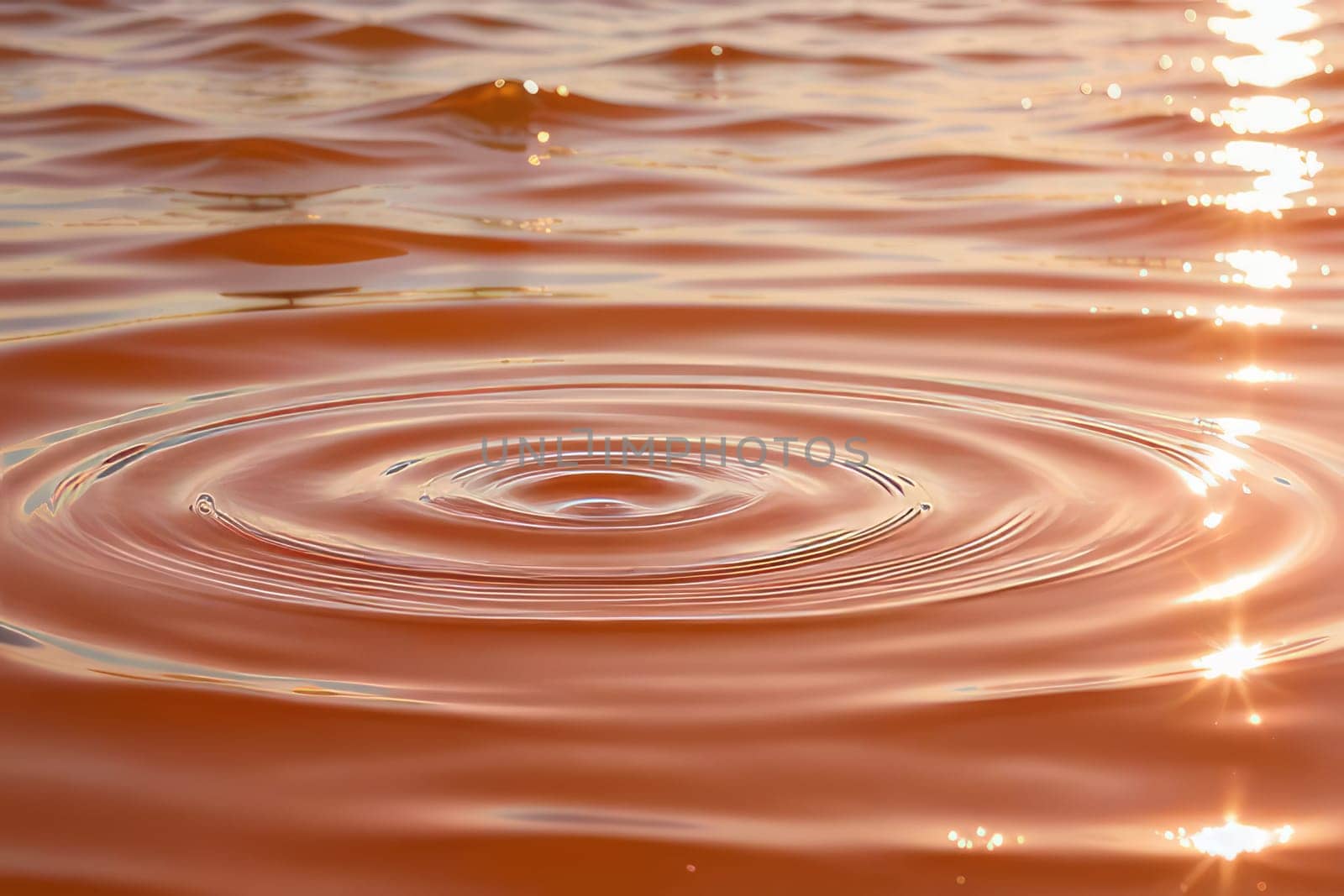 Circles and waves on peach-colored water in sunlight Abstract natural background. Demonstrating the colors of 2024 - Peach Fuzz