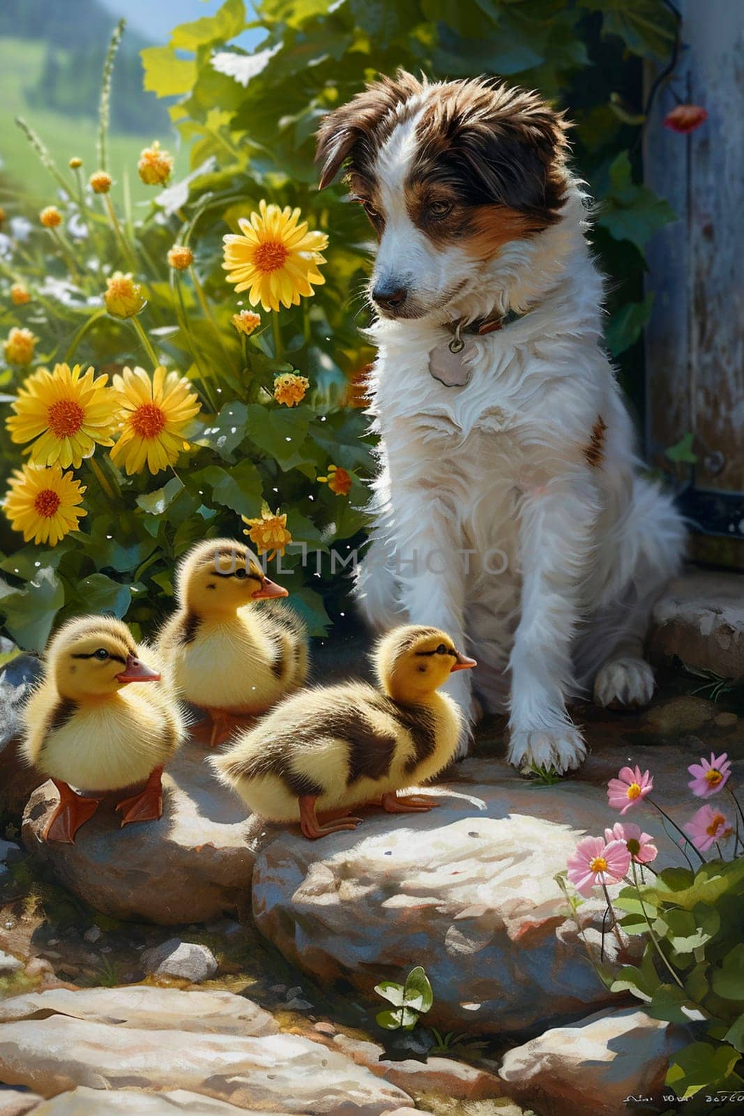 Dog with ducklings in the yard. Selective focus. by mila1784
