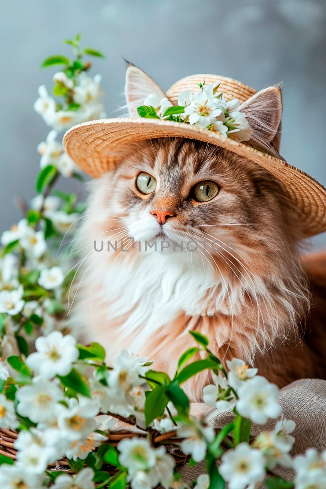 portrait of a cat in a hat in flowers. Selective focus. animal.