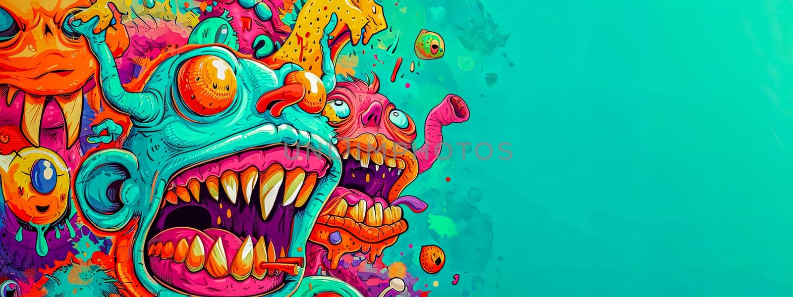 Vibrant and chaotic graffiti-style artwork with cartoonish monsters in vivid colors splattered against a turquoise background. by Edophoto