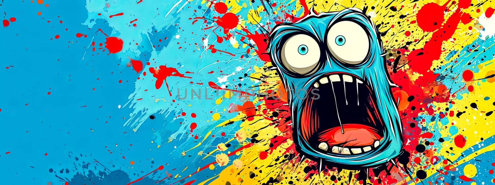 A quirky, shocked cartoon face with wide eyes and an open mouth, set against an explosive backdrop of bright paint splatters. by Edophoto