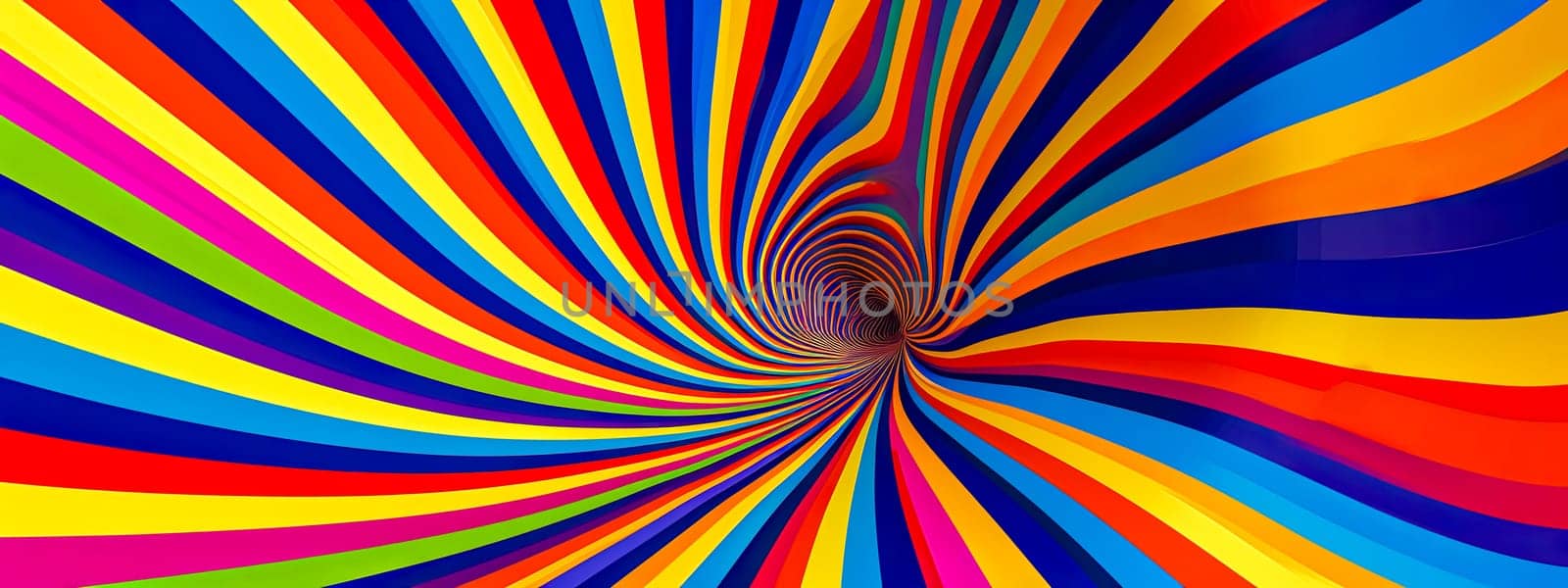 optical art design featuring a hypnotic swirl of rainbow colors converging towards a central vanishing point