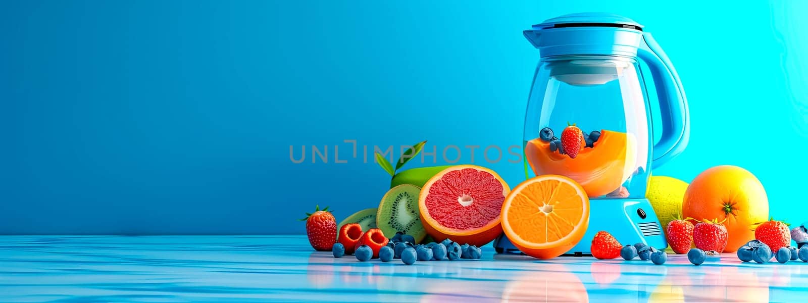 blender surrounded by an array of fresh fruits like oranges, strawberries, kiwi, and blueberries on a reflective surface with a bright blue background by Edophoto