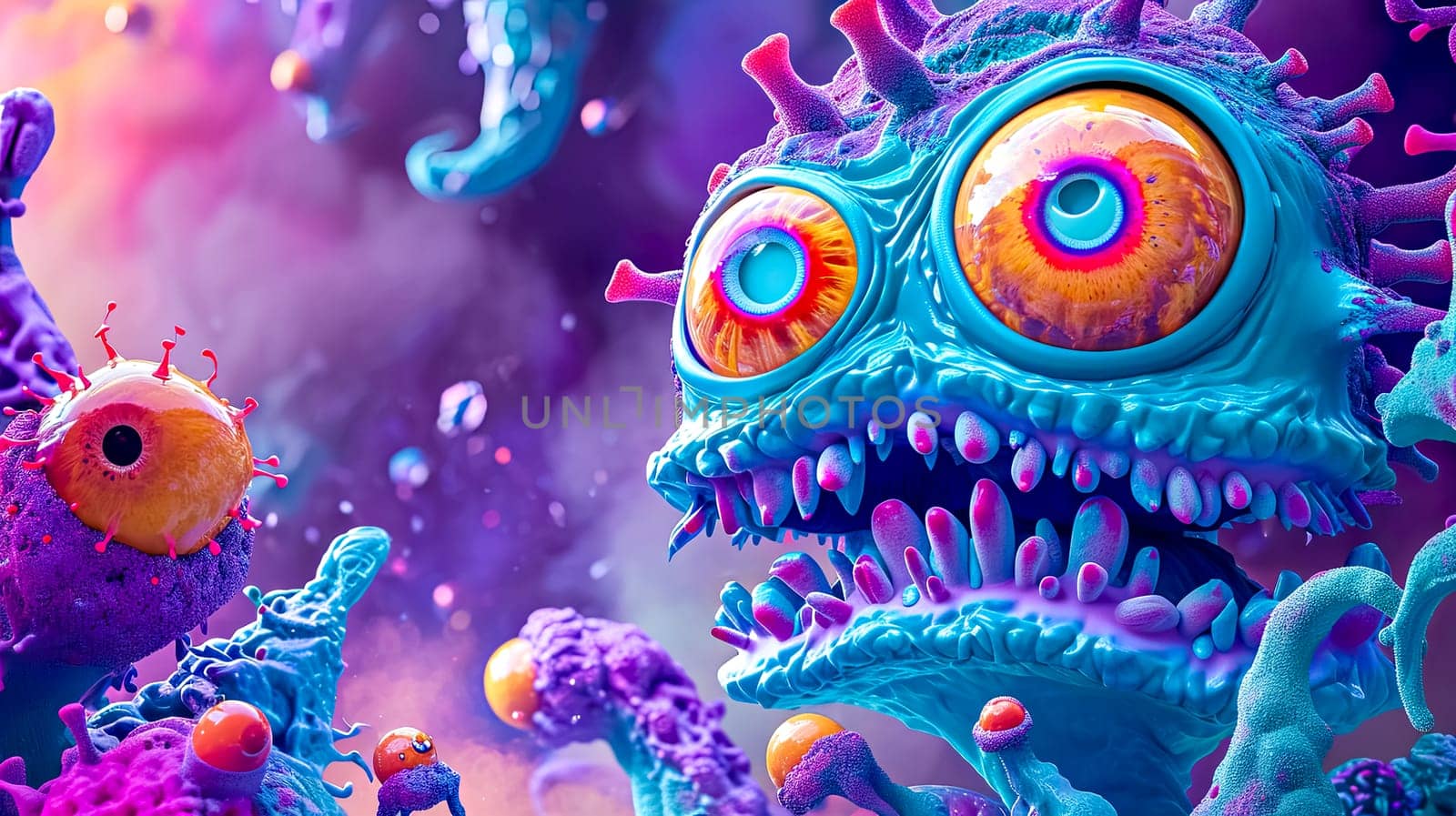 A fantastical and colorful 3D creature with exaggerated eyes and textured skin, immersed in a surreal, vibrant alien environment with floating orbs and mystical haze. by Edophoto