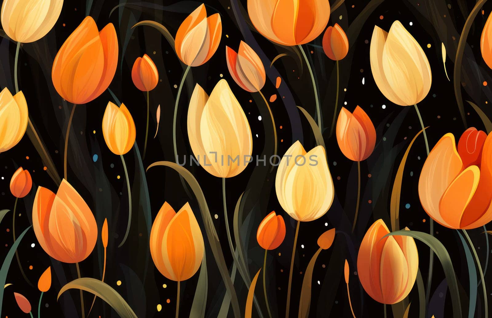 Colorful Floral Elegance: A Vibrant Tulip Bouquet on a Dark Retro Wallpaper with Ornate Floral Patterns
