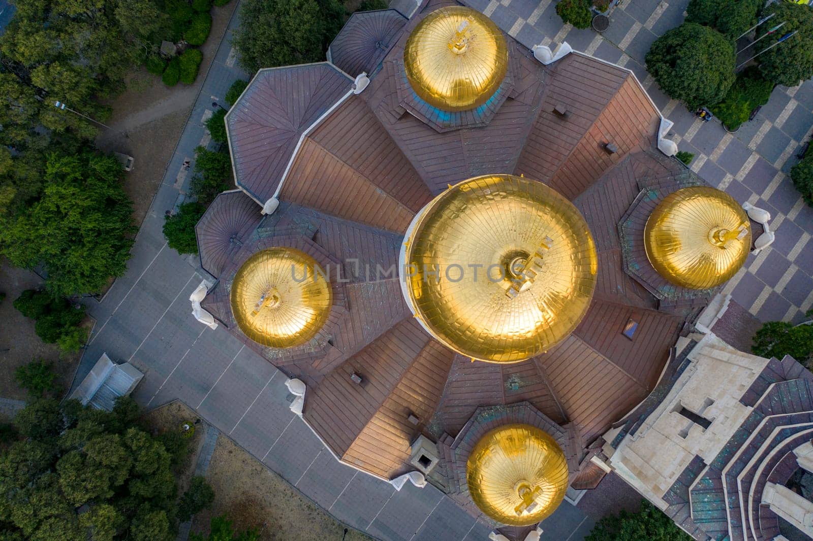 Aerial top view of the golden roof of The Cathedral 