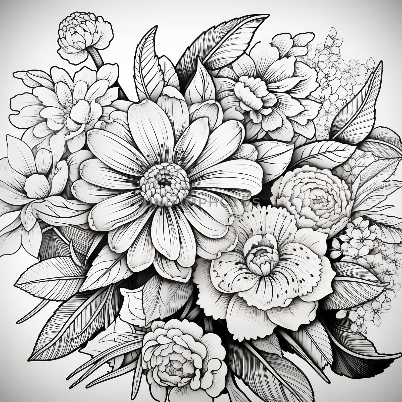 White and Black Floral Nature Art: A Delicate Bouquet of Hand-Drawn Flowers, a Coloring Book Page by Vichizh