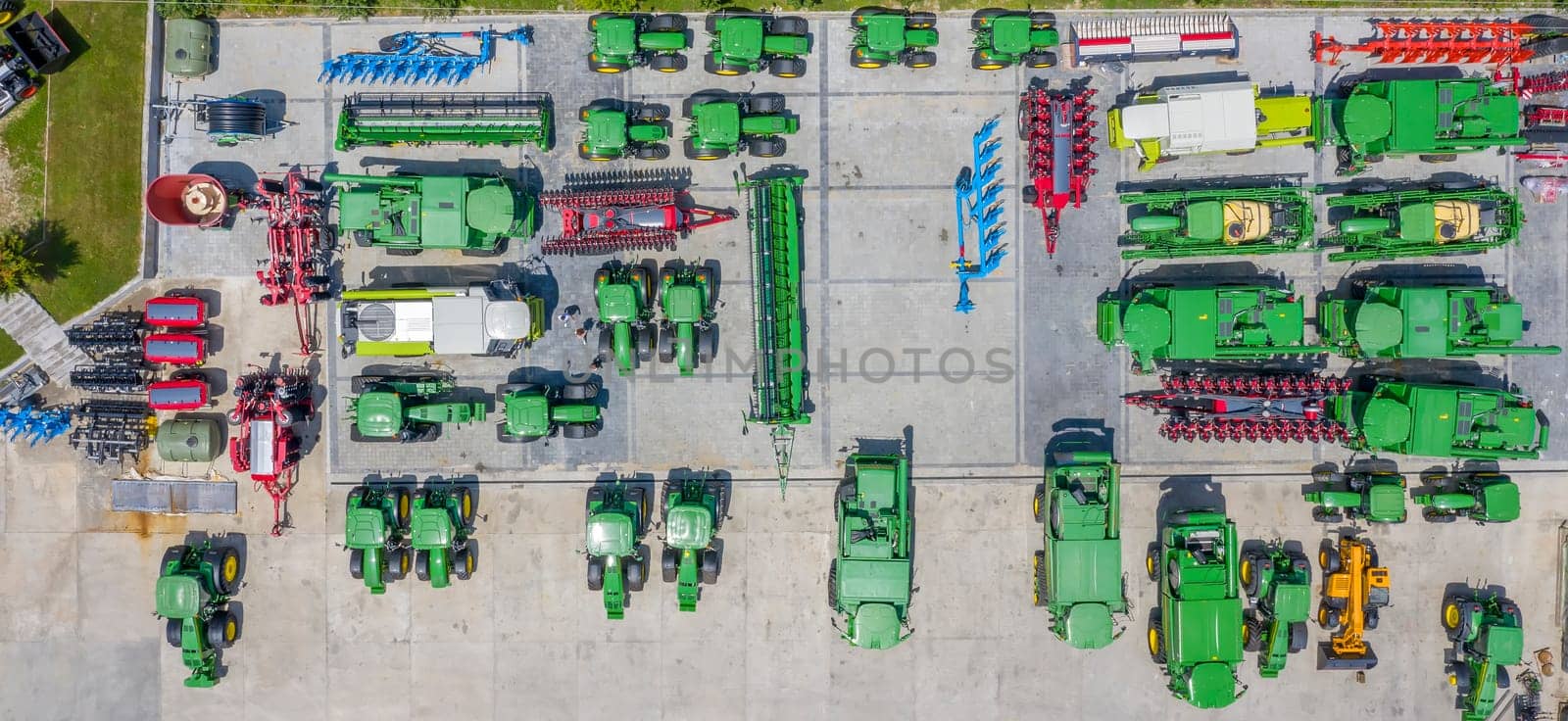 Aerial view of many different types of equipment for agriculture