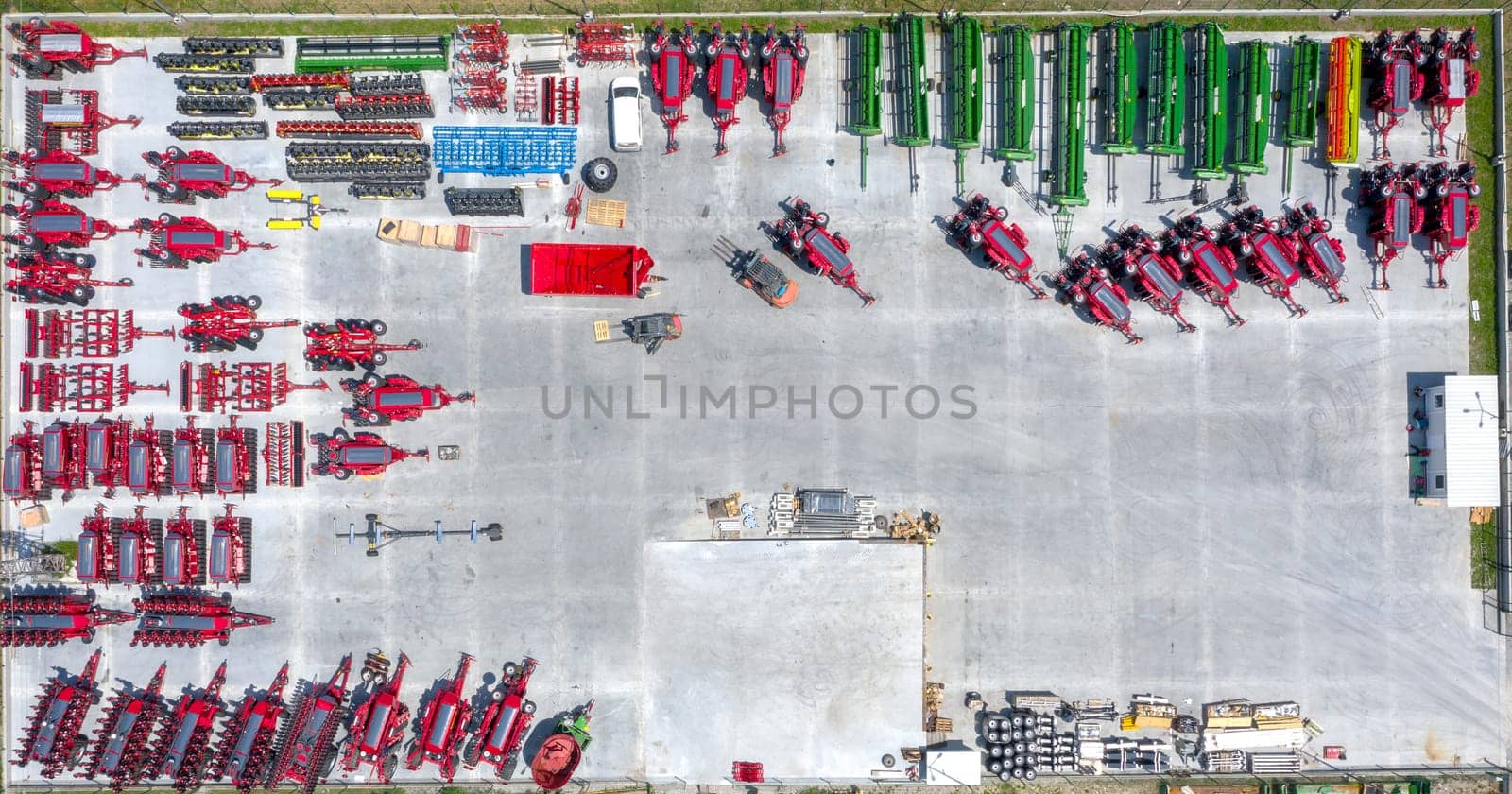 Aerial view of many different types of equipment for agriculture by EdVal