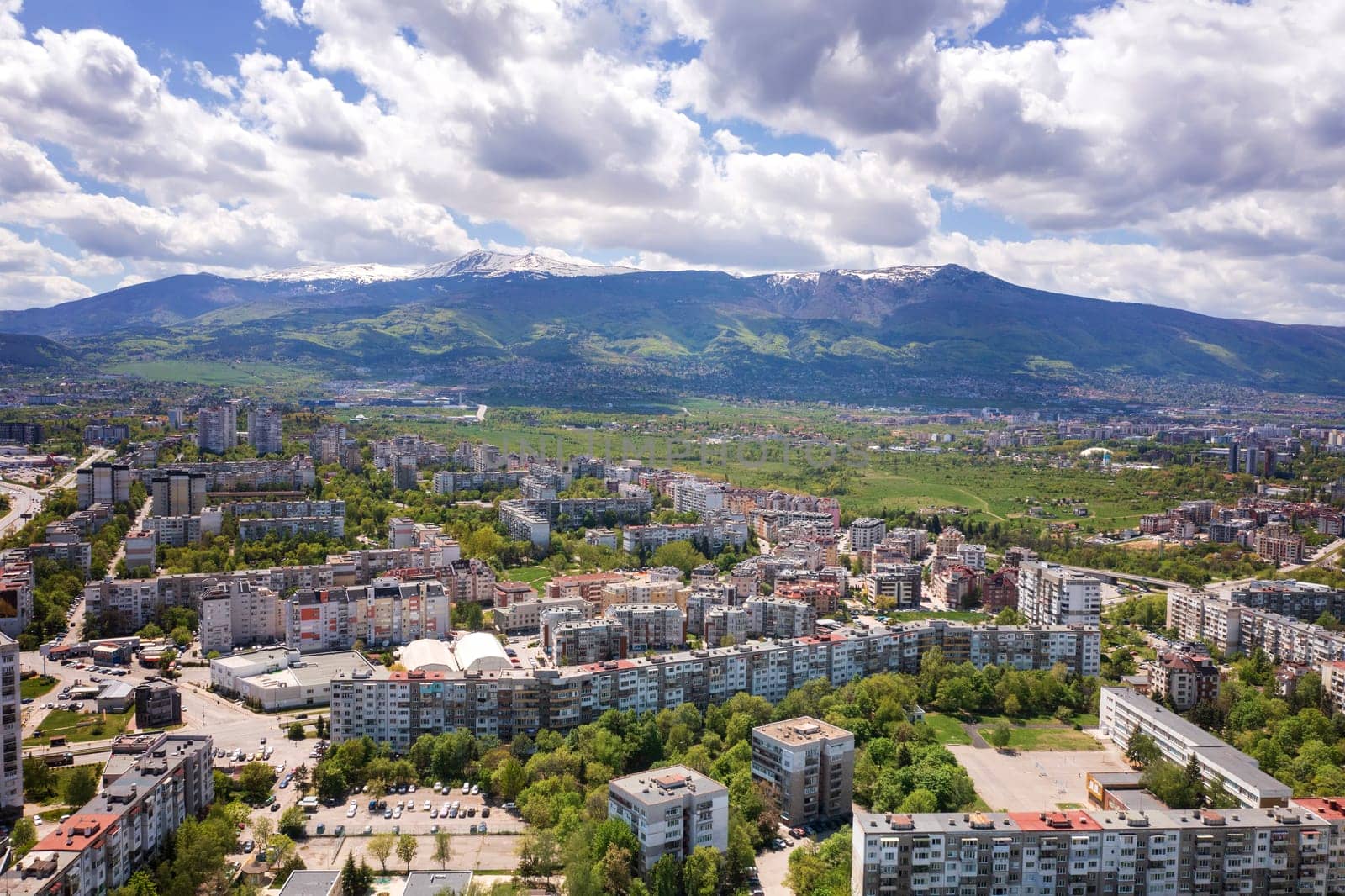 Aerial view from a drone of a city next to the mountain, Sofia ,Bulgaria