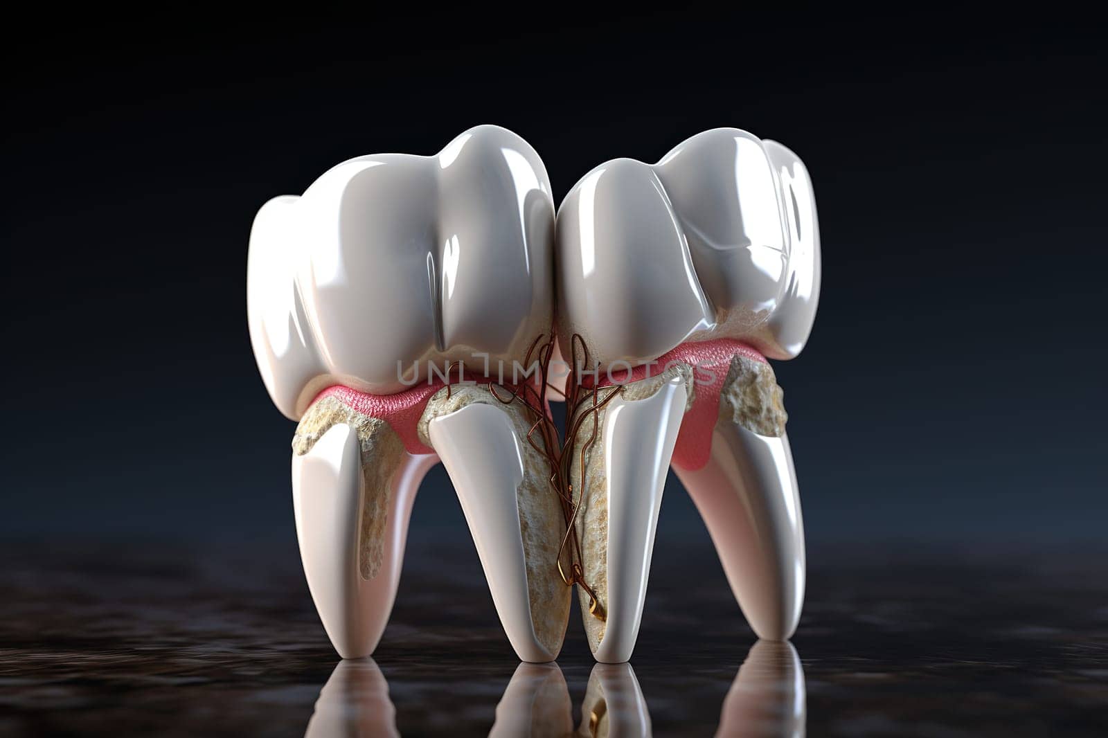 3D model of teeth. Model of a tooth with caries on a dark background. Generated by artificial intelligence by Vovmar