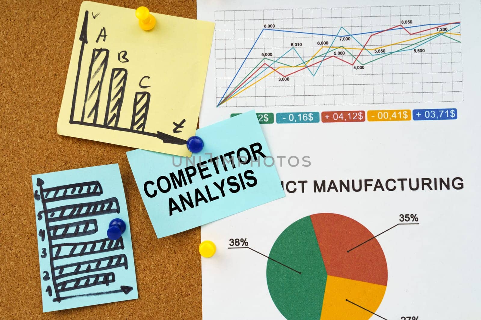 Reporting graphs and diagrams are hung on the board, a sticker with the inscription - Competitor Analysis by Sd28DimoN_1976