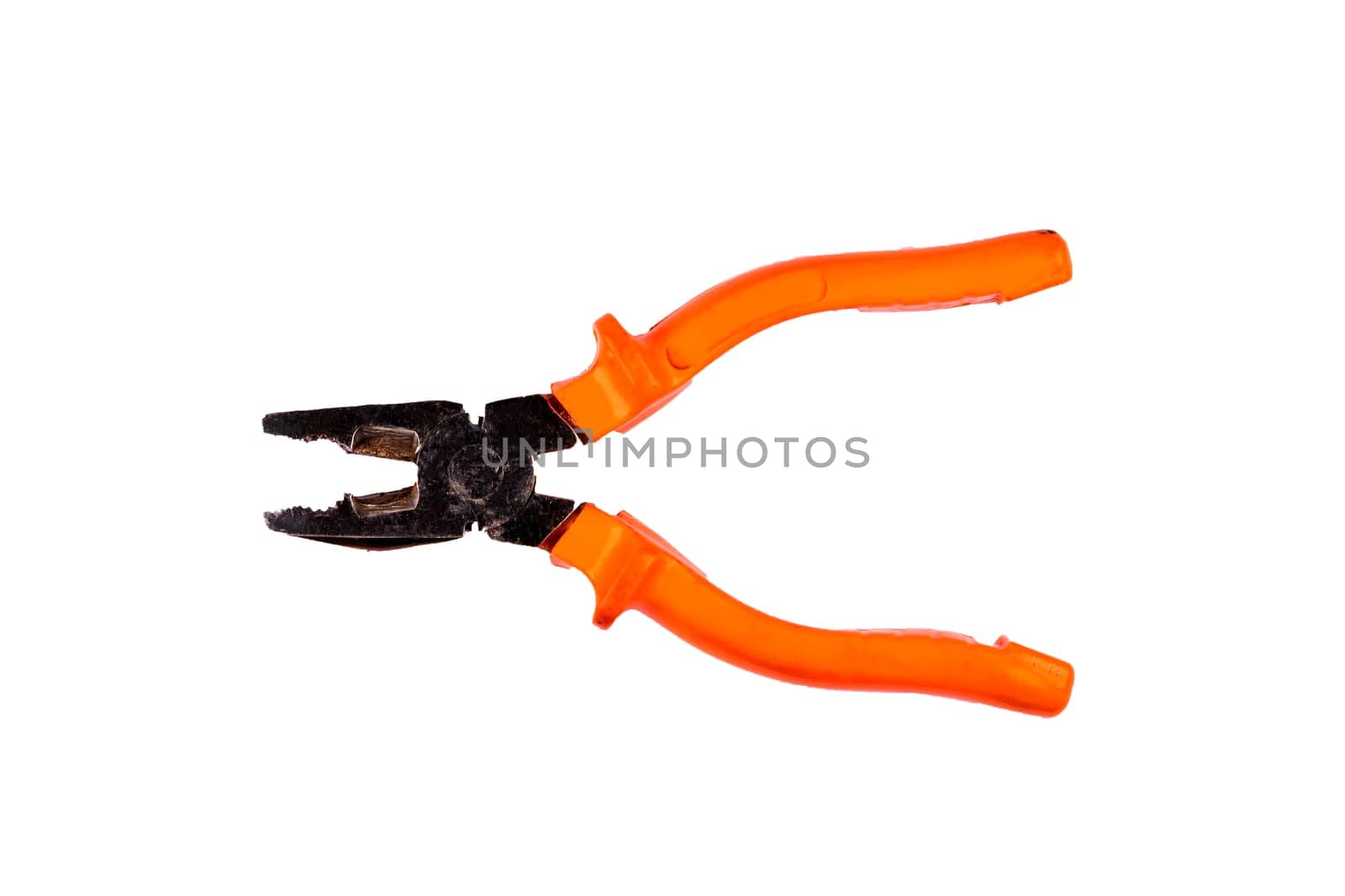 Used pliers with orange rubber handles, isolated on white background