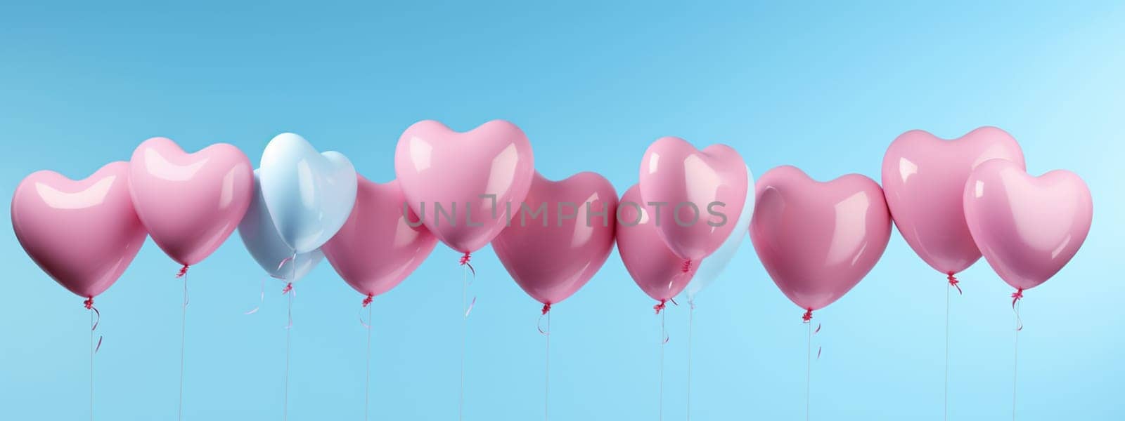 Heart shaped balloons on a blue background. selective focus. Holidays Generative AI,