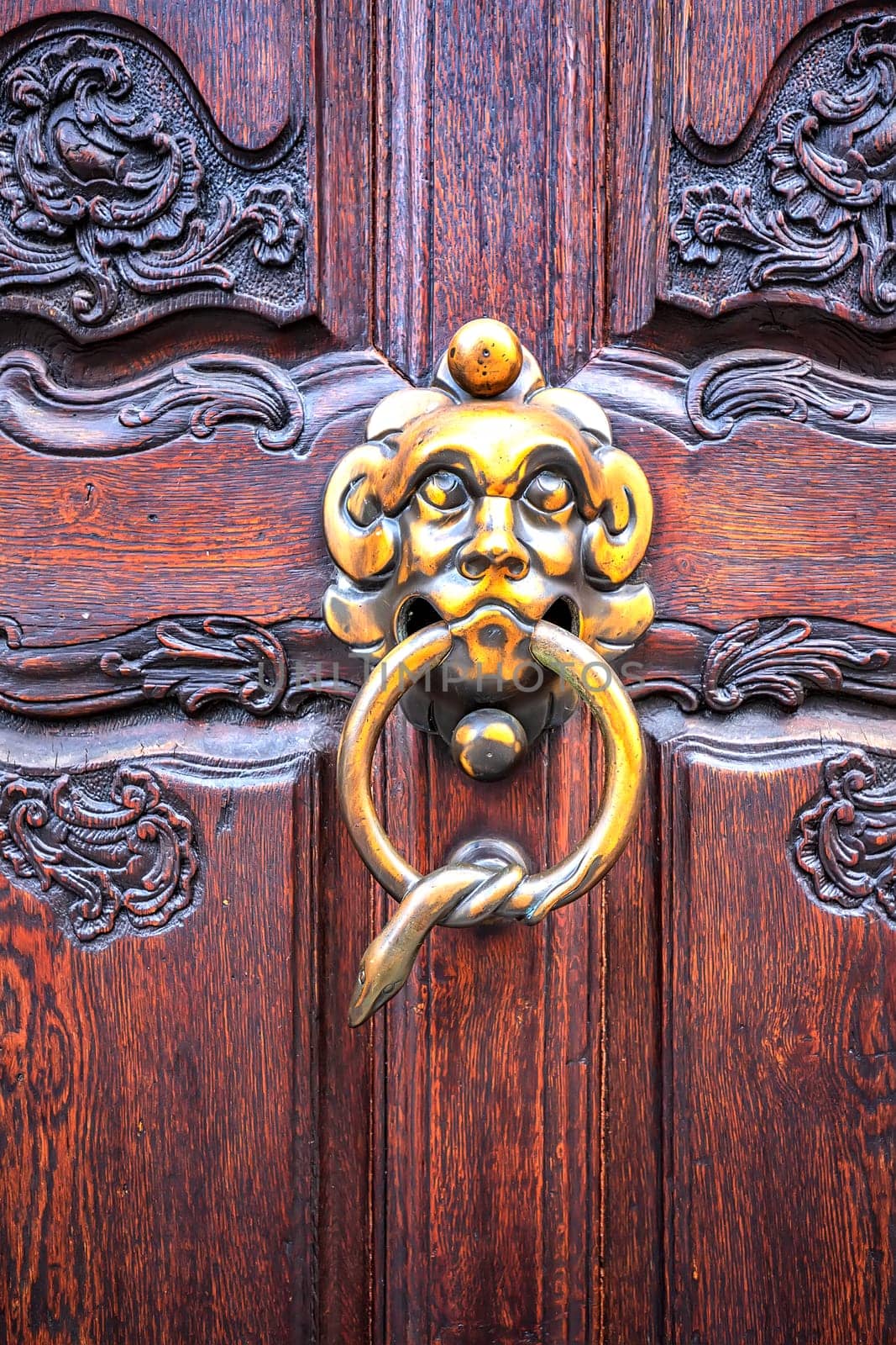 Door knocker. Vintage design knocker on the wooden doors for knocking. Vertical view by EdVal