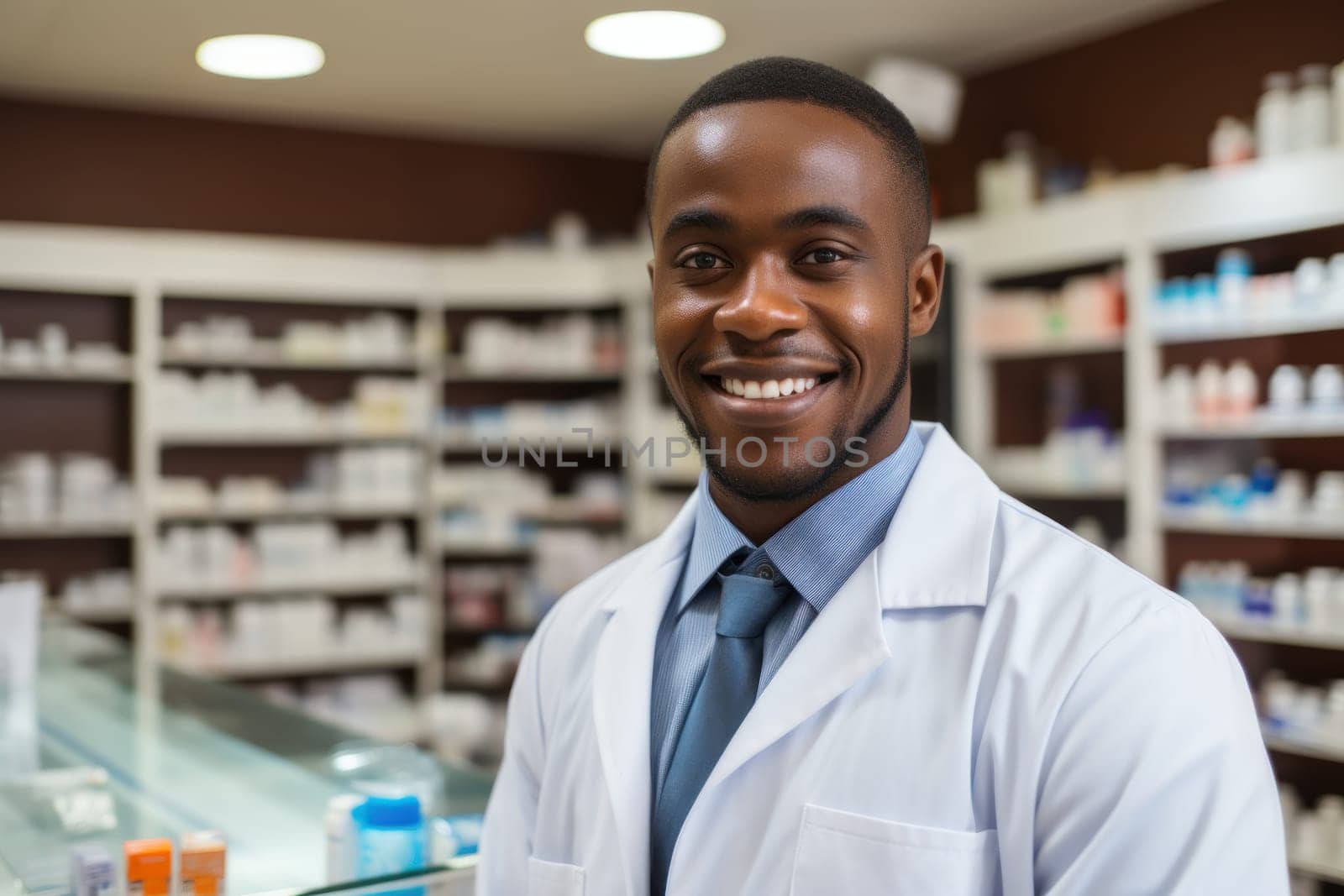 African American pharmacist in pharmacy. Generative AI.