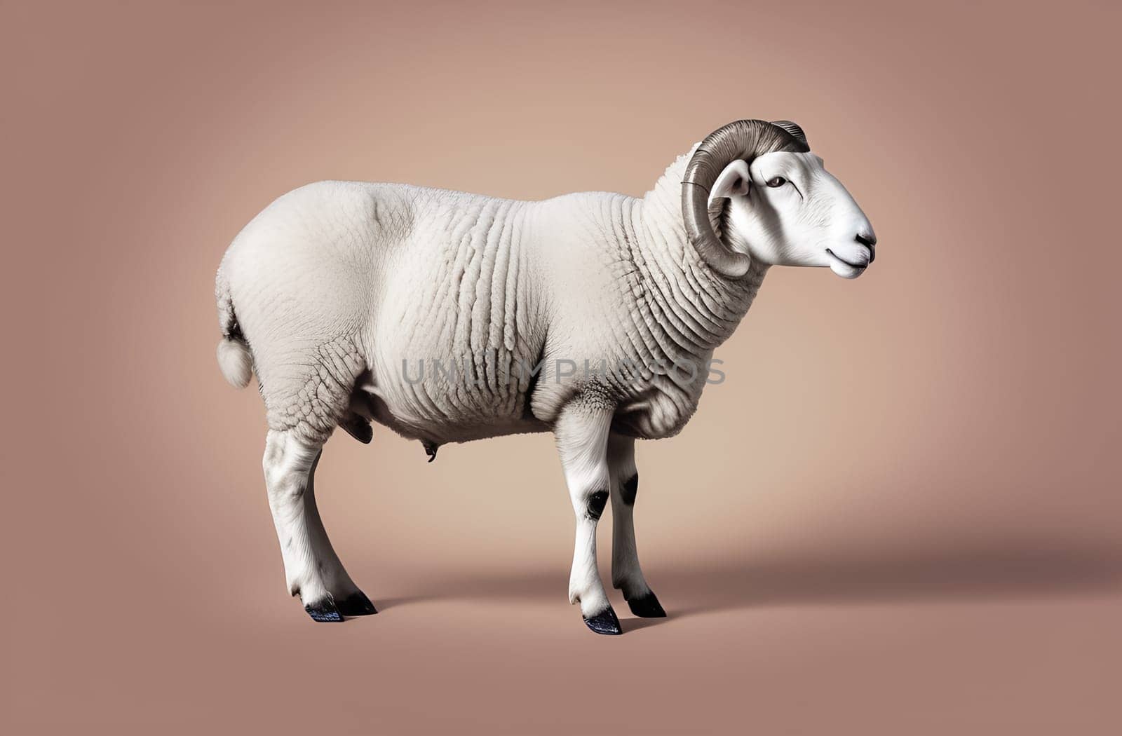 A white ram, highlighted on a beige background, stands sideways.
