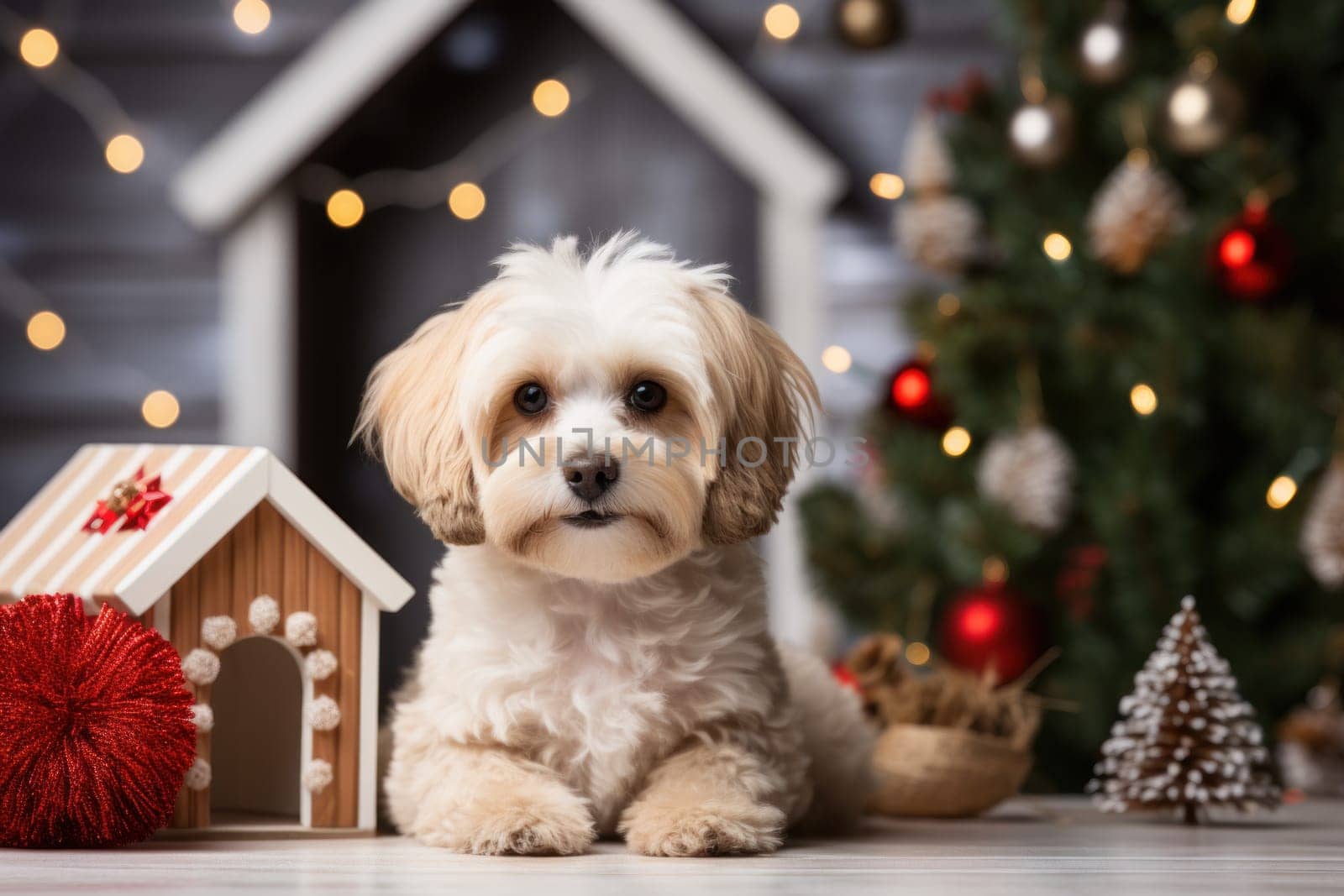 Christmas themed A friendly dog sitting next to a house. Generative AI.