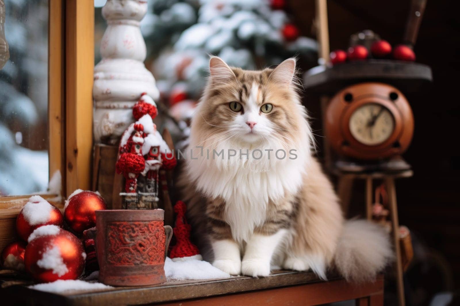 Christmas themed A friendly cat sitting next to a house. Generative AI.