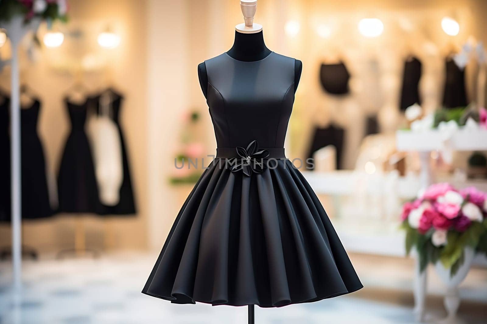 A beautiful black dress on a mannequin in a fashion salon. Shopping concept. Generated by artificial intelligence by Vovmar