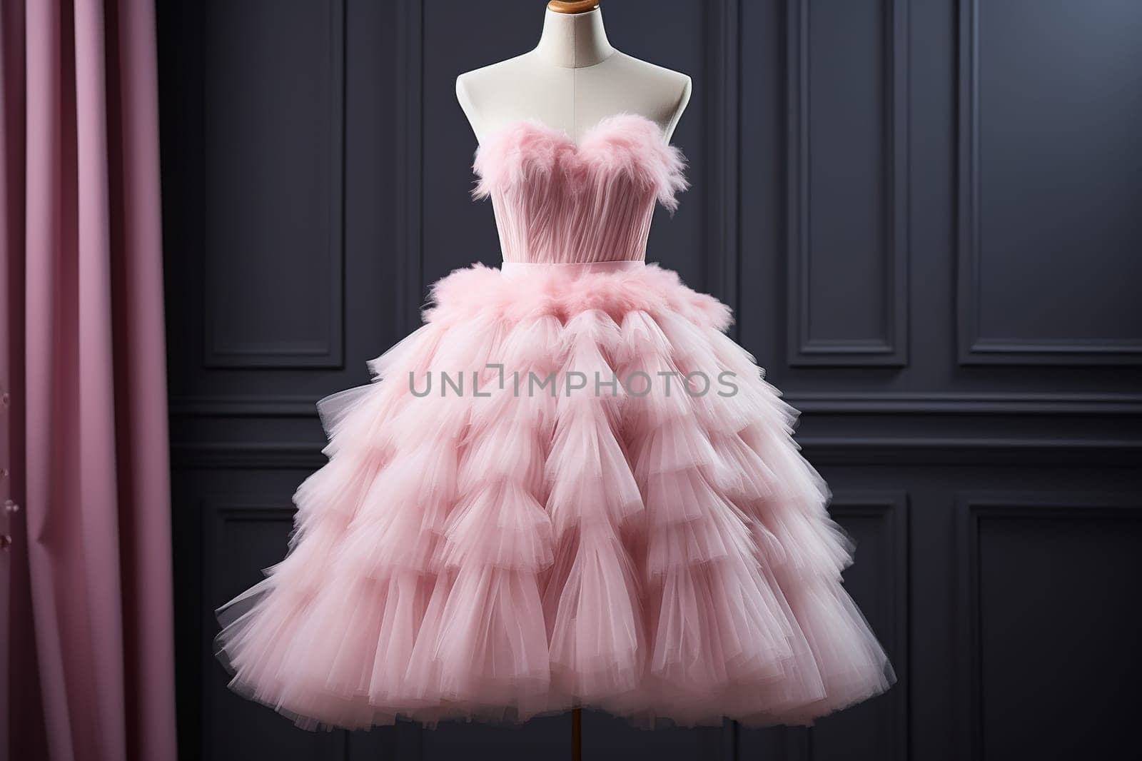 Elegant pink fluffy women's dress on a mannequin.