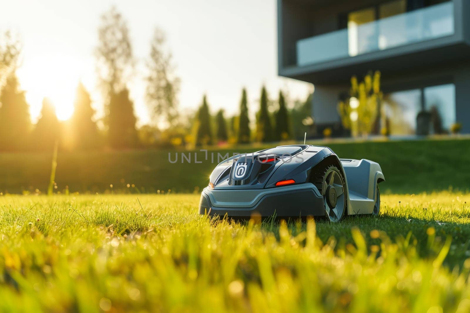 Automatic futuristic robotic lawn mower on a green lawn by rusak