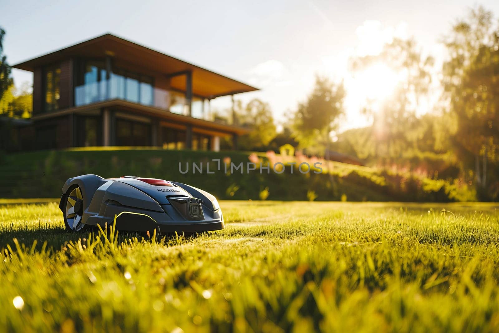 Automatic futuristic robotic lawn mower on a green lawn with modern house in background in sunny summer day