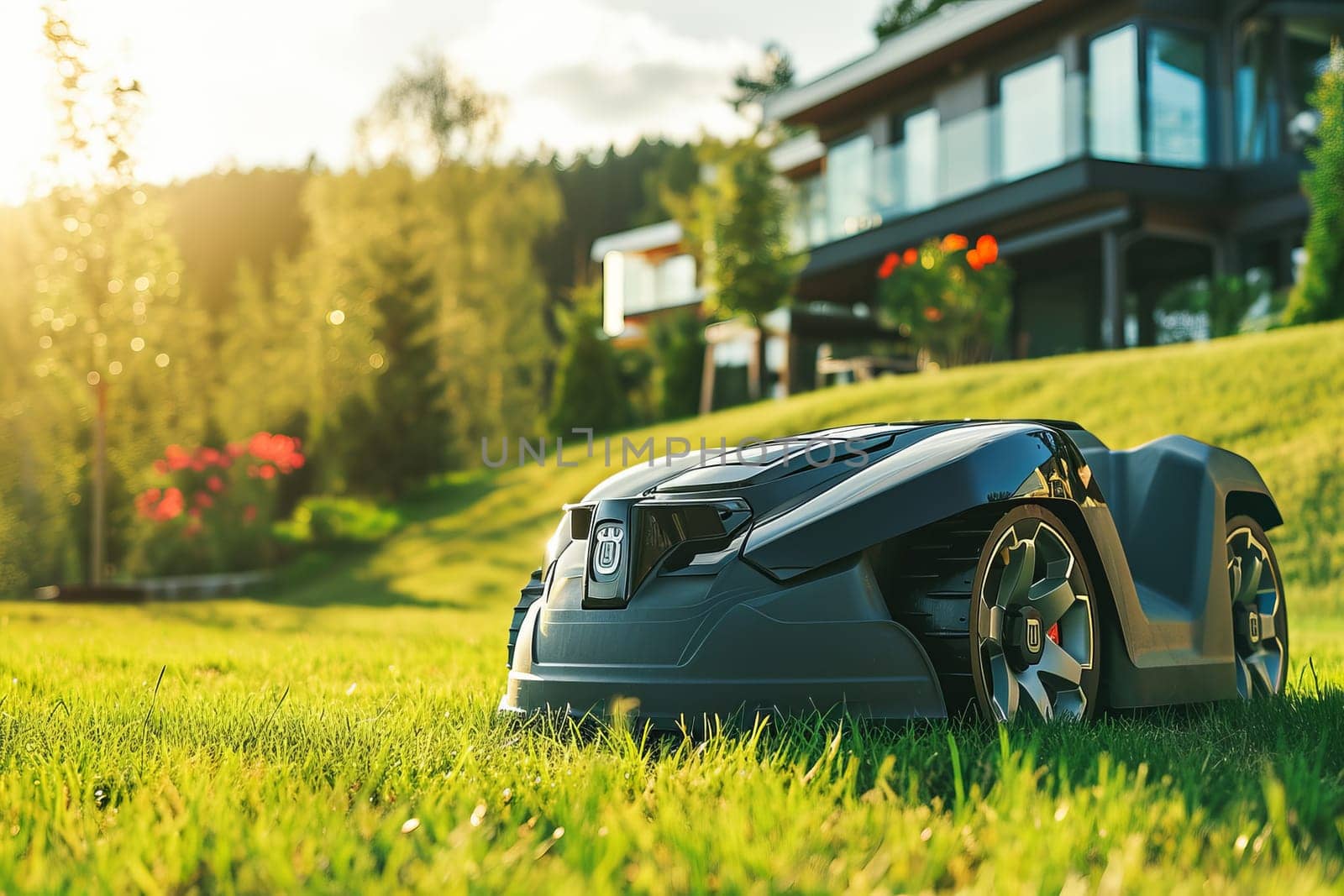 Automatic futuristic robotic lawn mower on a green lawn with modern house in background in sunny summer day