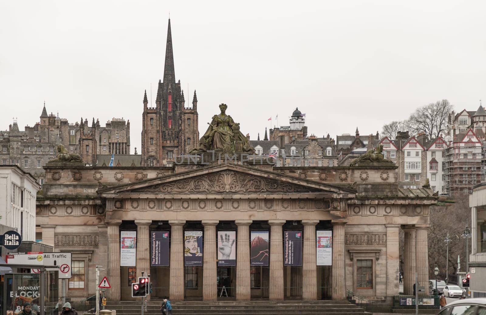 Edinburgh, Scotland, Jan 16, 2024 - View of The Royal Scottish Academy of Art and Architecture Neoclassical Edinburgh forming part of National Galleries of Scotland. Space for text, Selective focus.