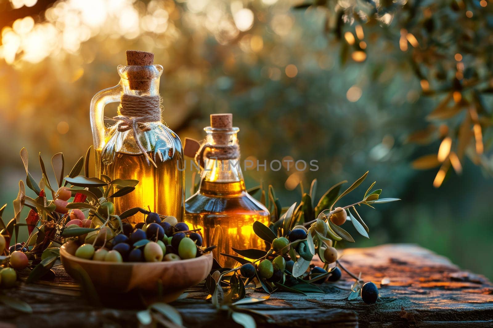 Golden olive oil bottles with olives leaves and fruits by rusak