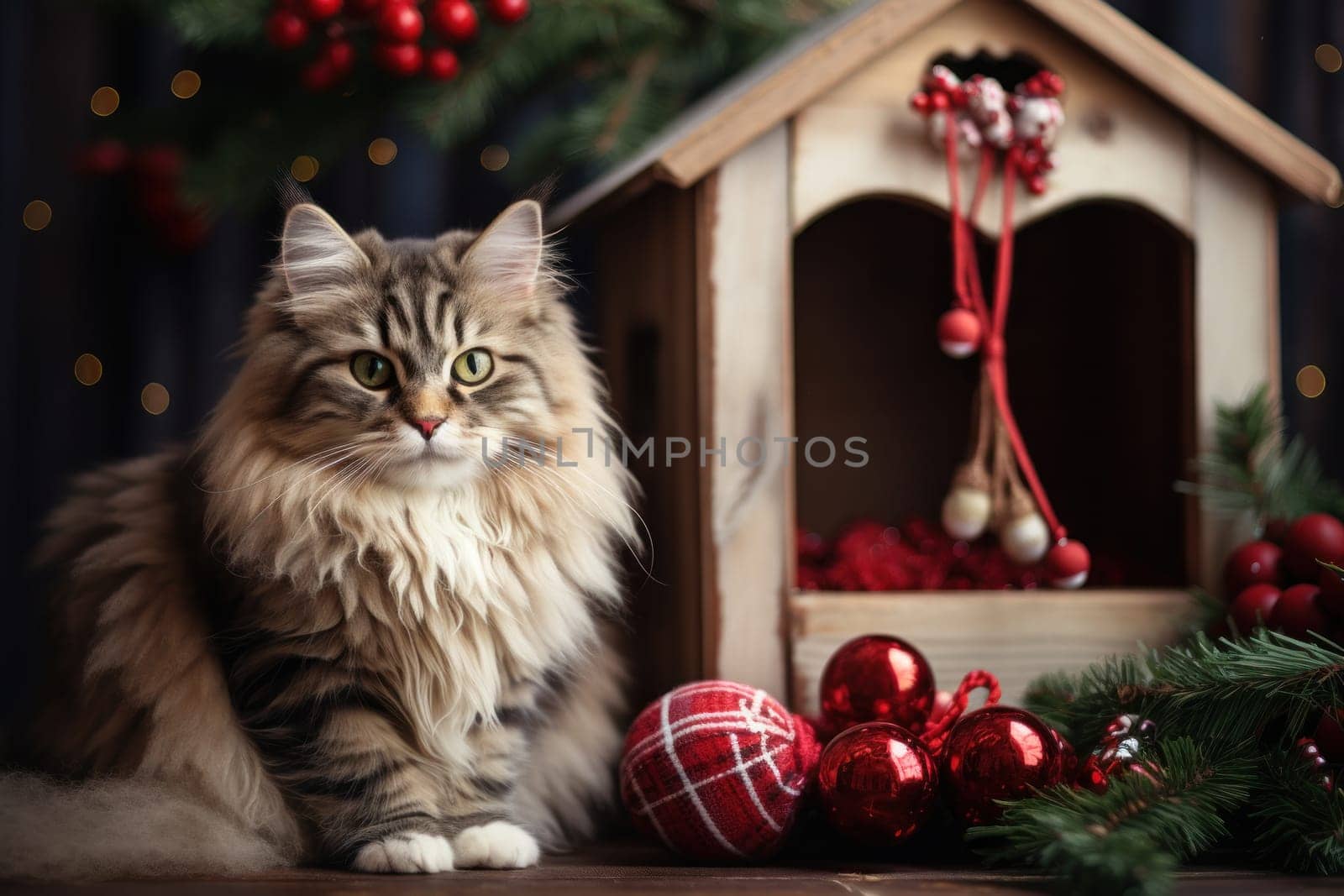 Christmas themed A friendly cat sitting next to a house. Generative AI.