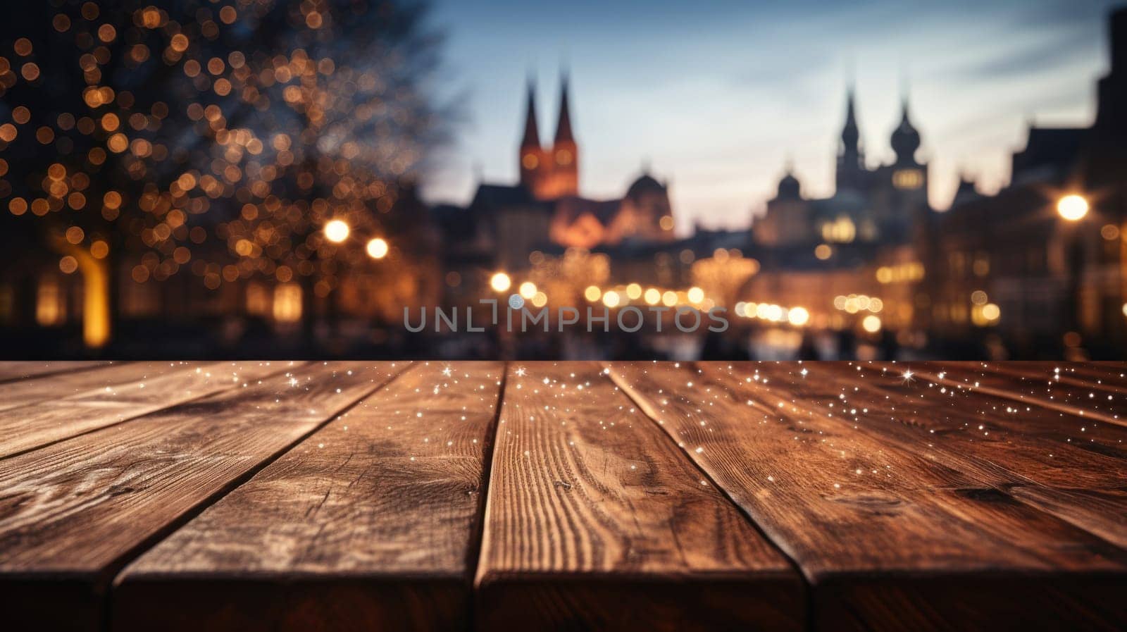 Wooden table covered with snow Empty space with an illuminated Christmas town square. Generative AI.