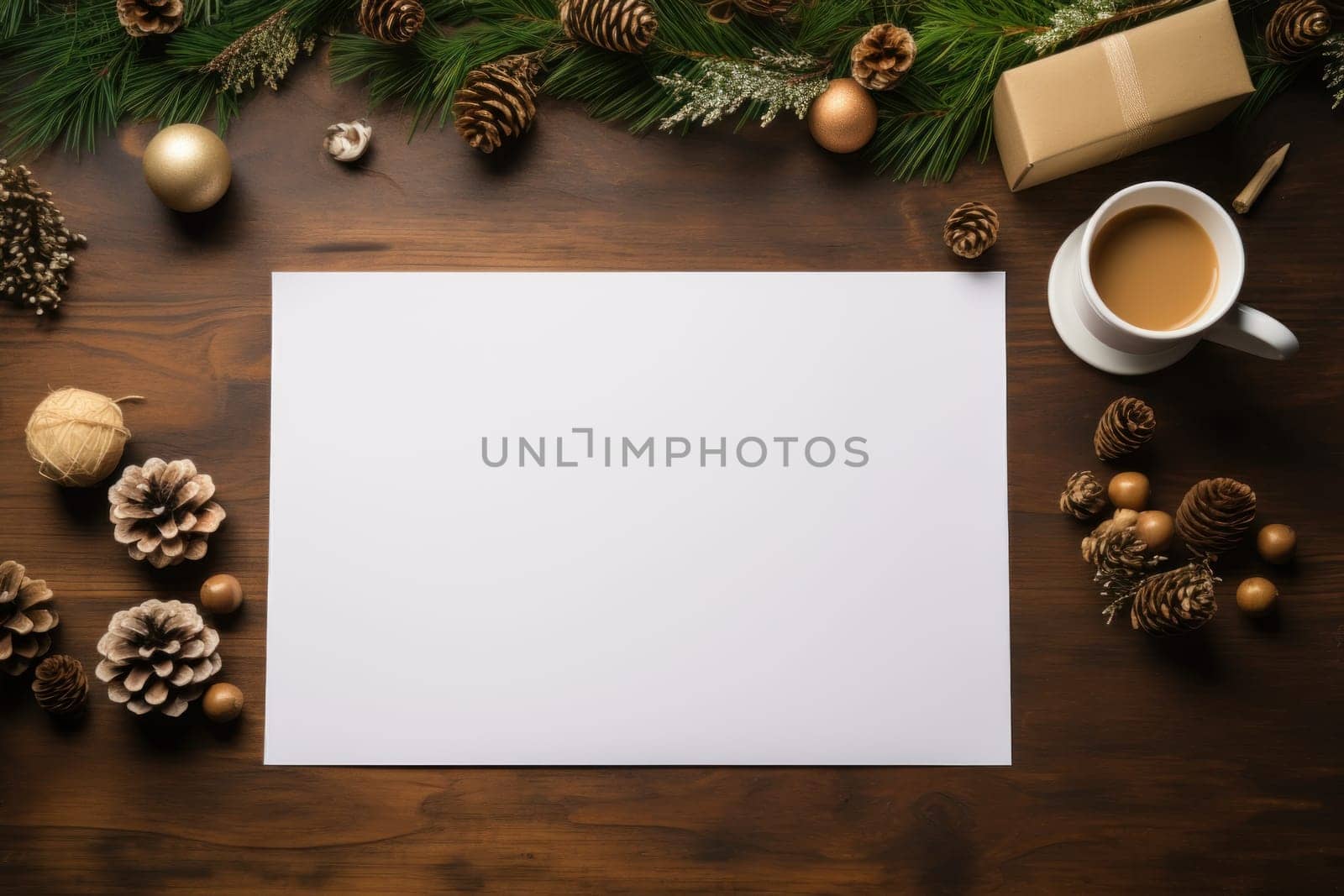 Christmas vibe, a mockup image of desk with female hand holding a pencil. Generative AI.