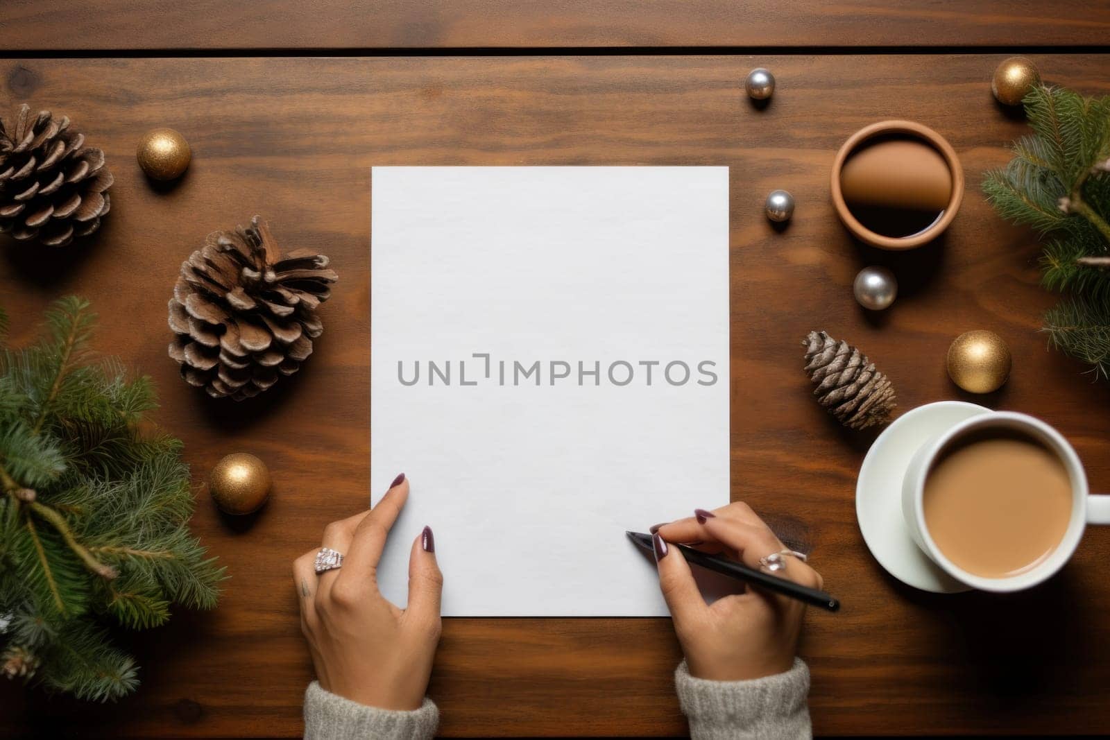 Christmas vibe, a mockup image of desk with female hand holding a pencil. Generative AI.