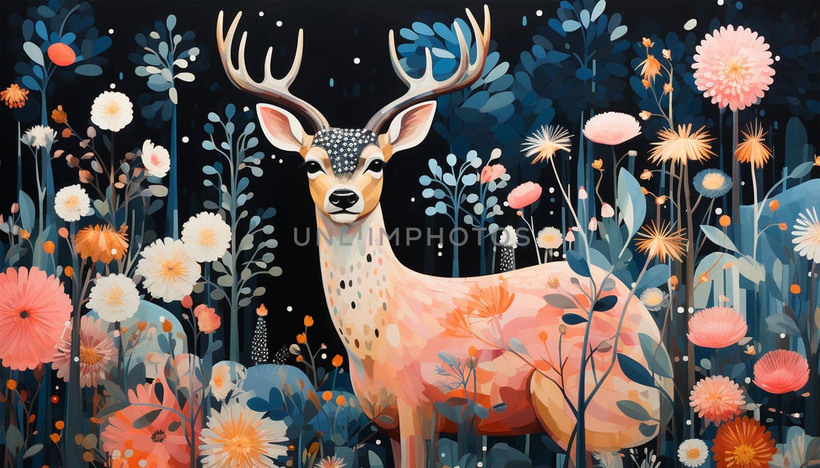 Deer with Pink Sakura Trees and spring flower Background in Spring flat lay. Watercolor deer in floral surrounding. Dark design