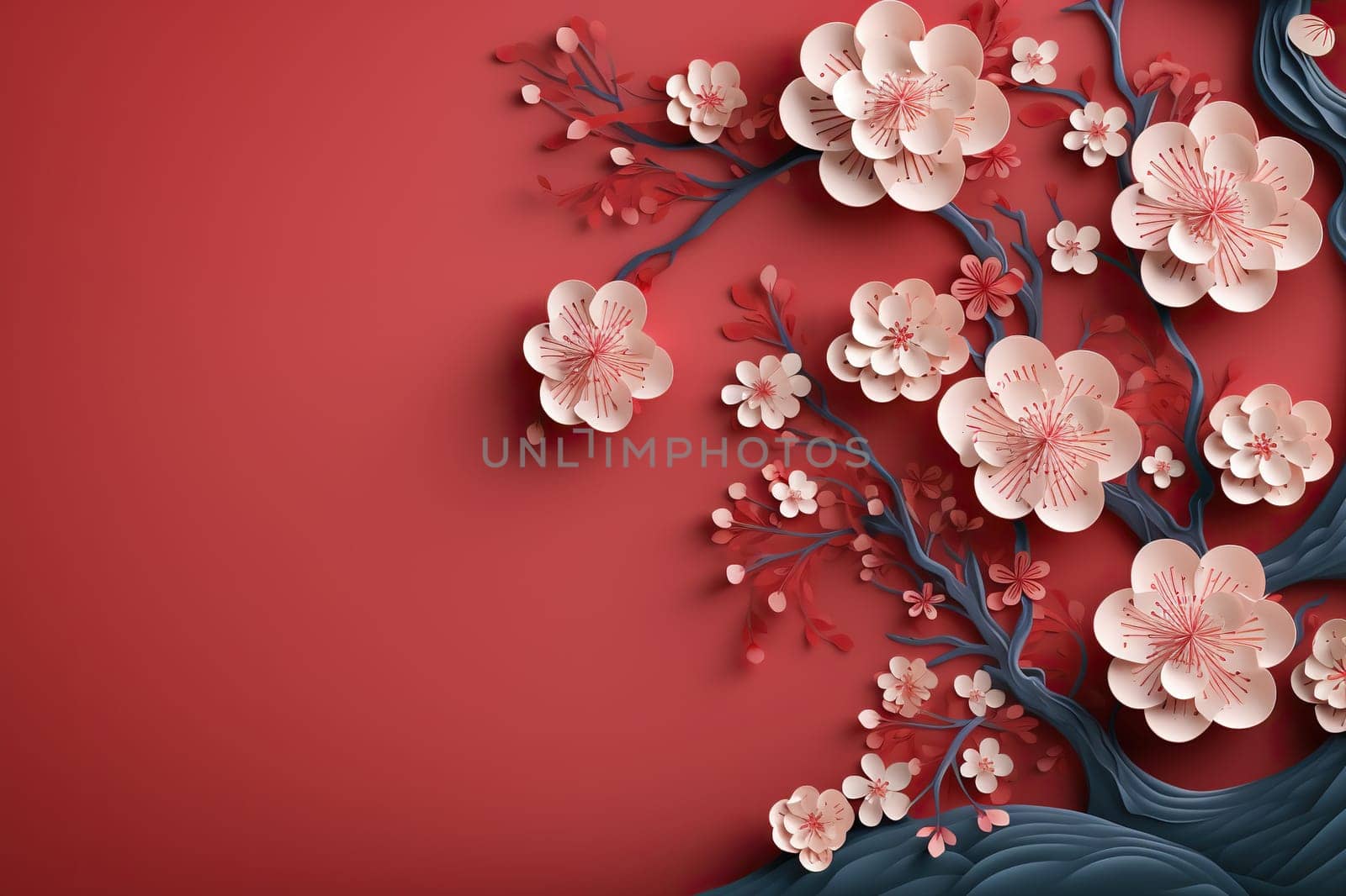 Blank sheet for congratulations with a sakura branch on red background. Generated by artificial intelligence