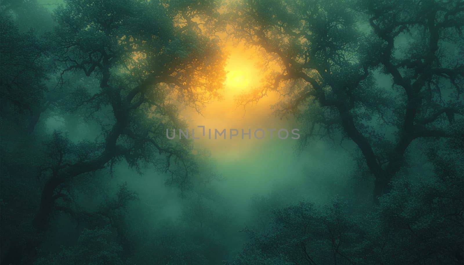 Fantasy forest. Fairy tale magical morning forest with sunlight beams. Magical particles swirl among the fantastically enchanted trees. Mystical woods. by Annebel146