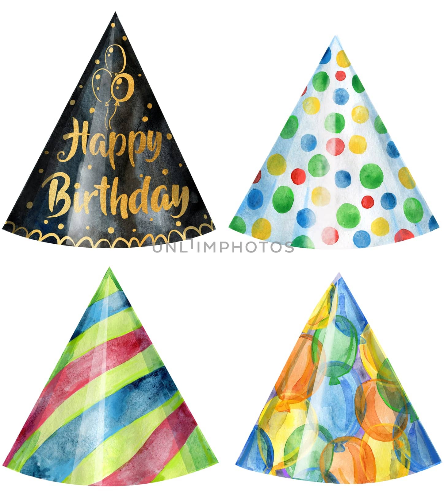 Set of Party hats. Watercolor illustration. Birthday element by NataOmsk