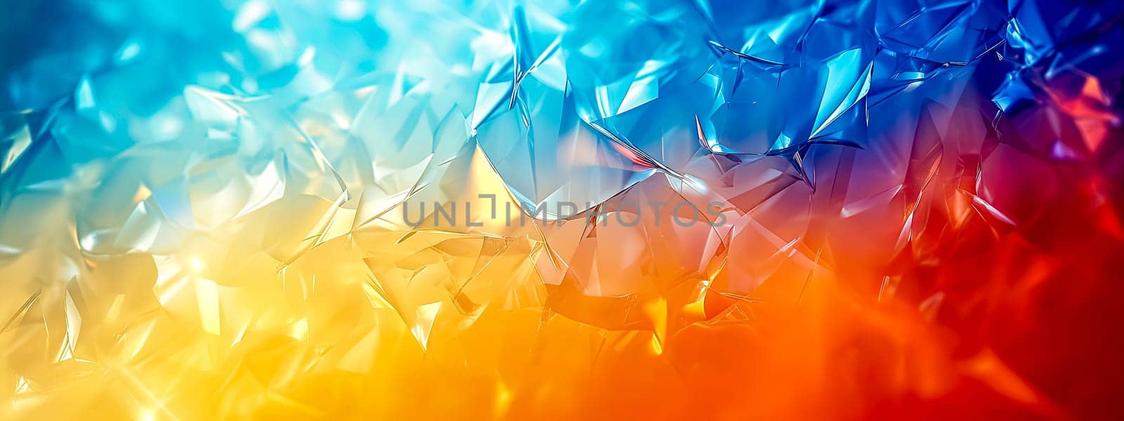 Abstract and dynamic composition with a flow of crystalline shapes transitioning from warm golden tones to cool blues and vibrant reds, suggestive of a digital art concept