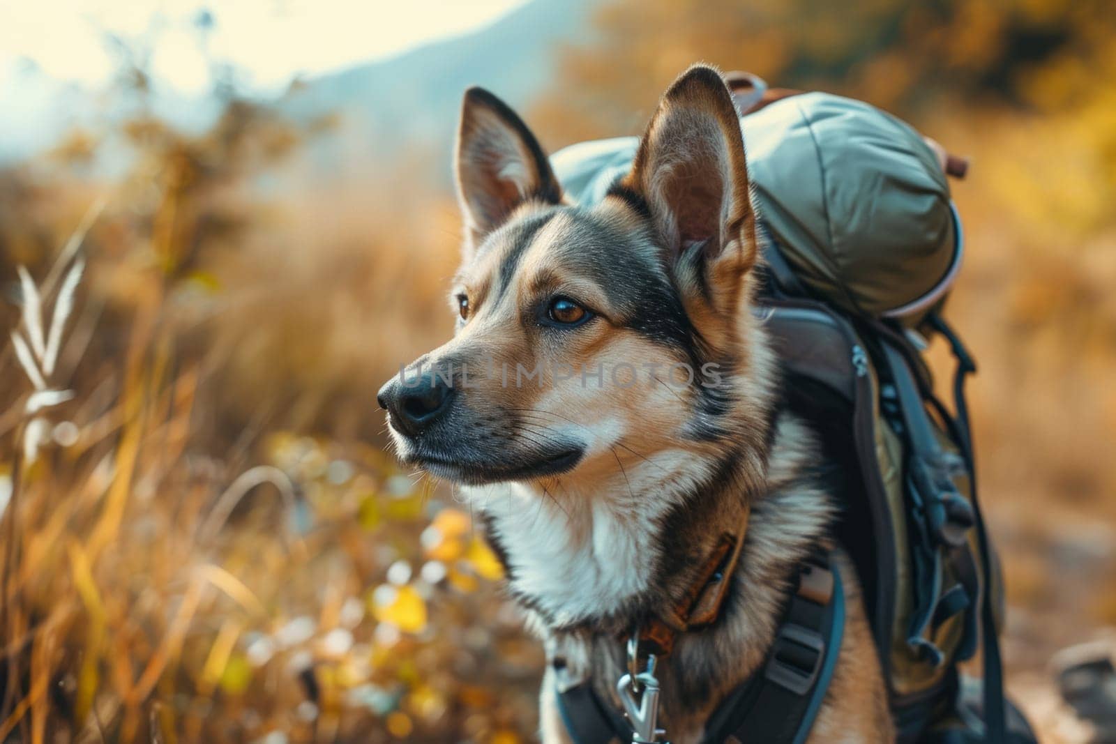 Dog hiker with backpack in adventures by rusak
