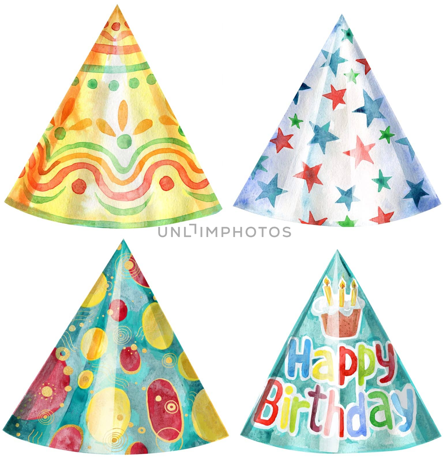 Set of party hat on white background. Card design. Watercolor hand drawing