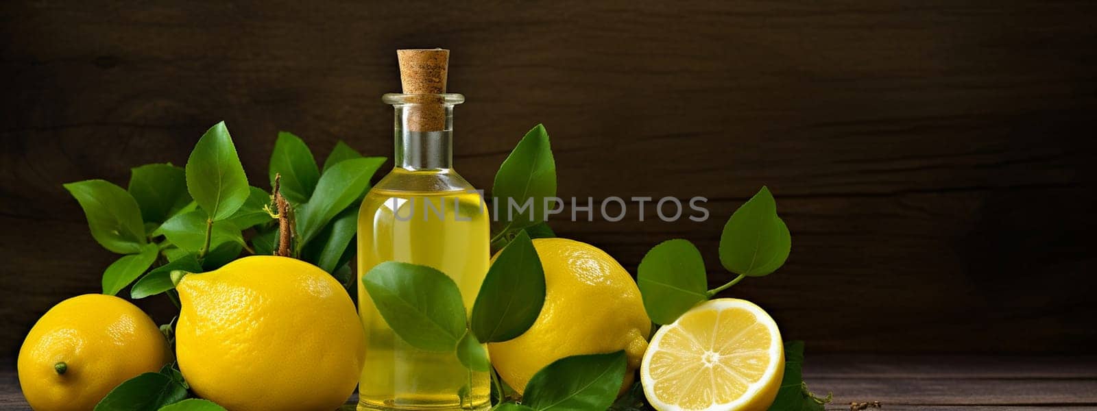 Lemon essential oil in a bottle on a wooden background. Medical selective focus. Generative AI,