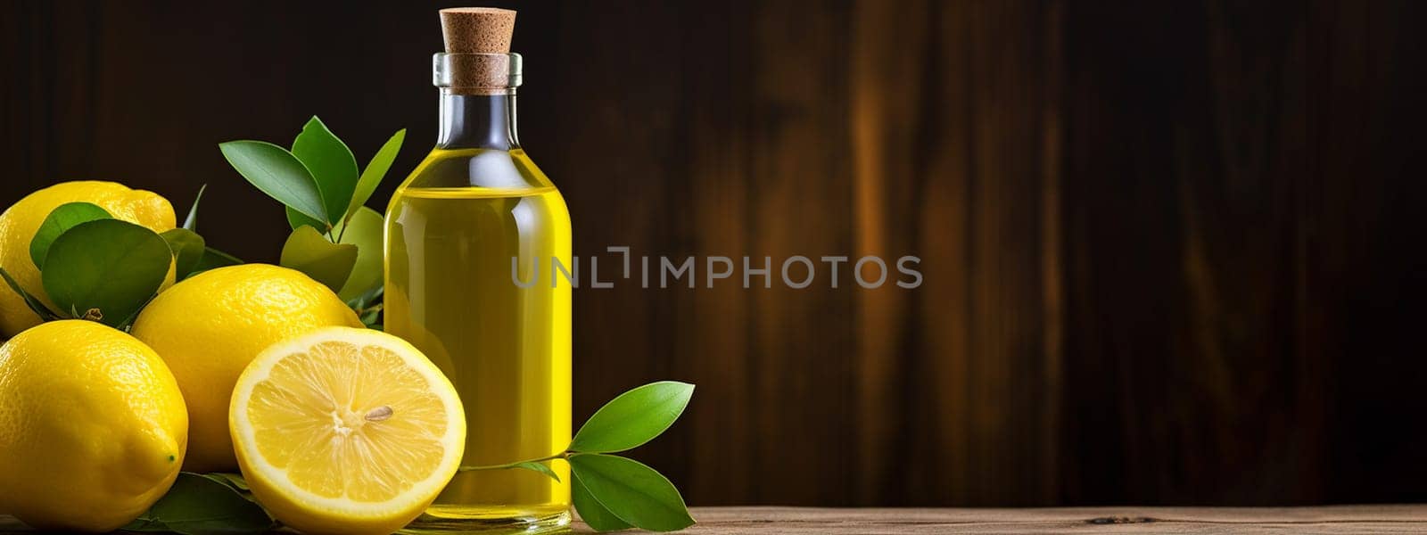 Lemon essential oil in a bottle on a wooden background. Medical selective focus. Generative AI,