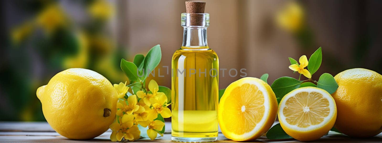 Lemon essential oil in a bottle on a wooden background. Medical selective focus. Generative AI,