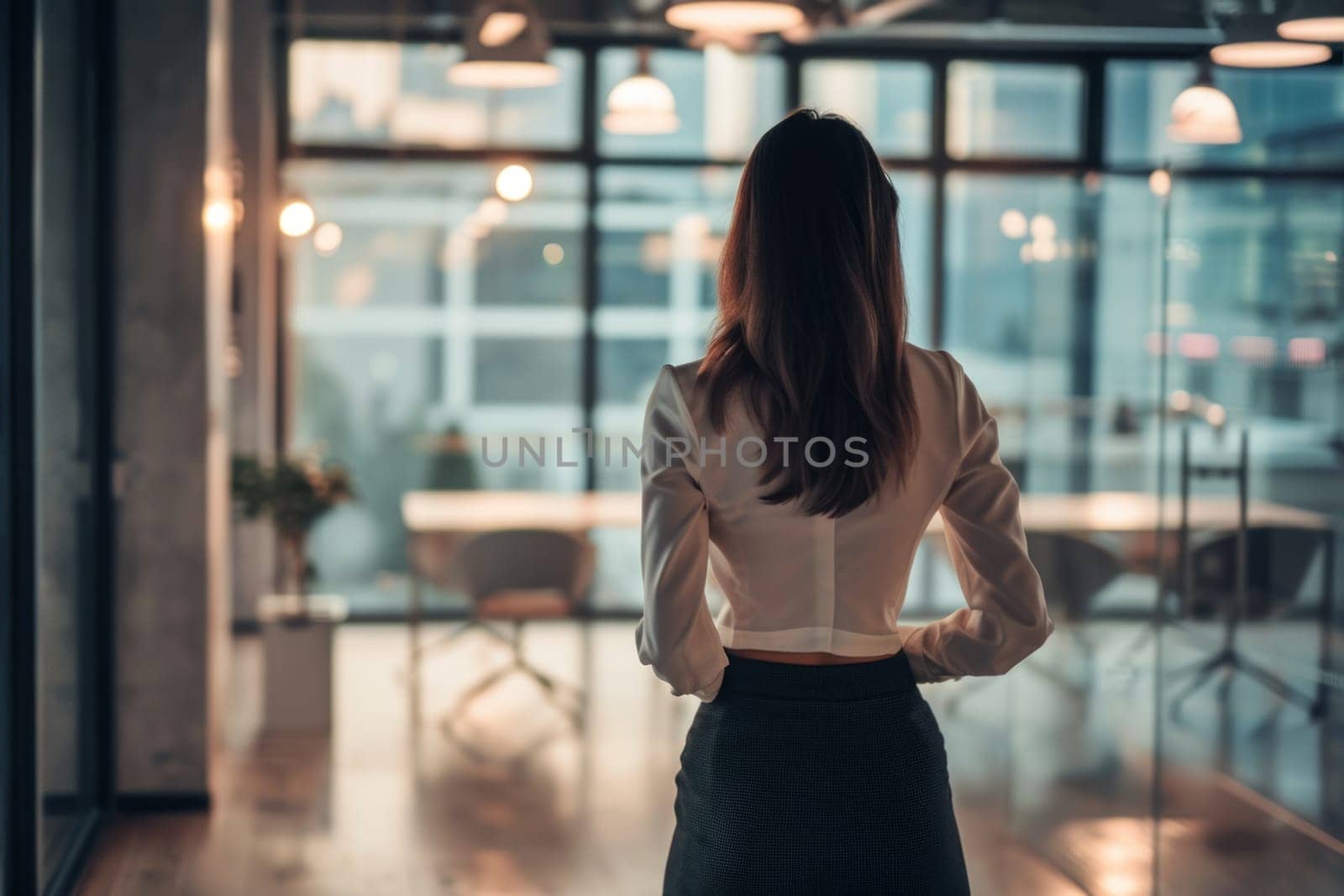Rear view of young businesswoman in skirt at the modern office in background