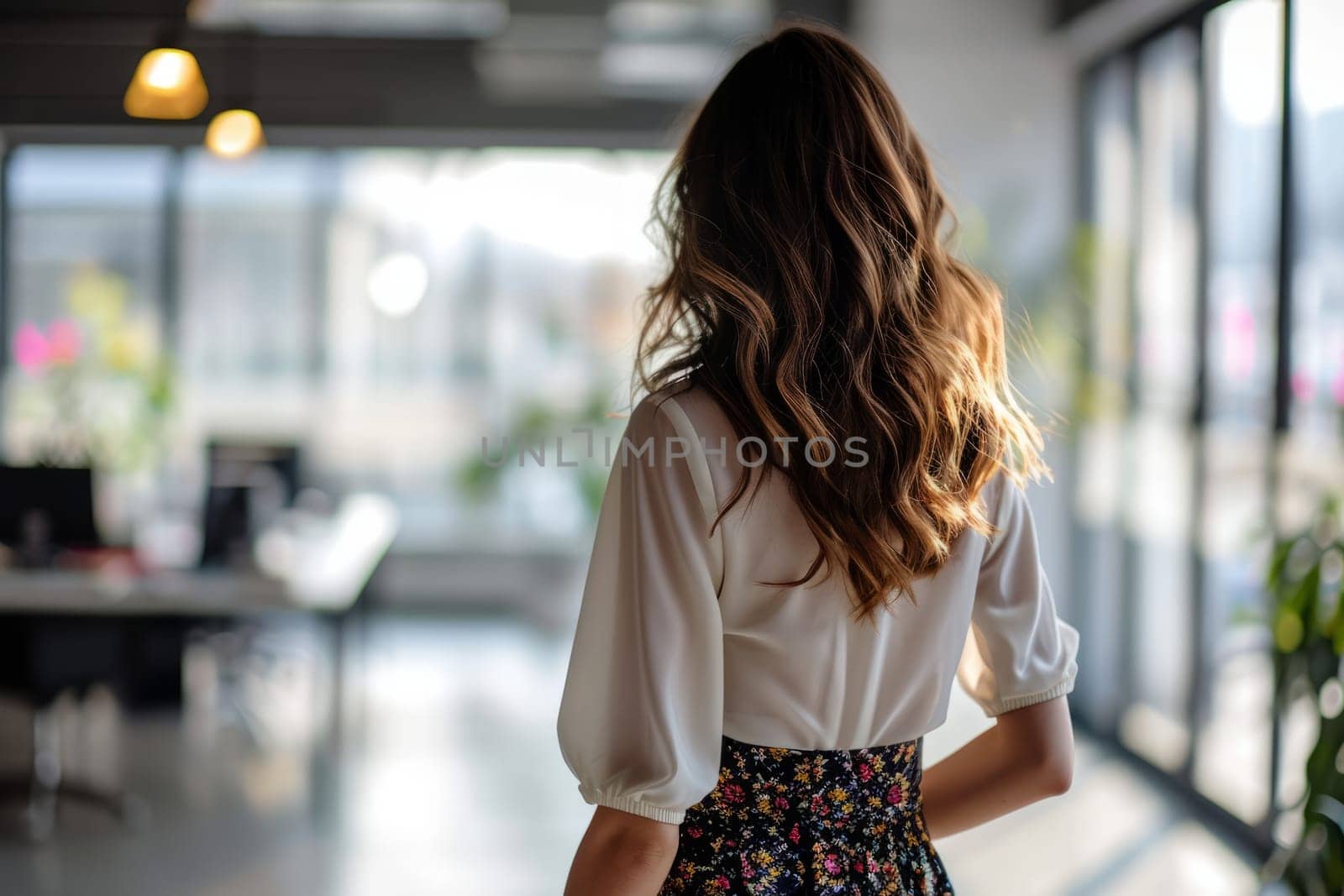 Rear view of young businesswoman in skirt at the modern office in background