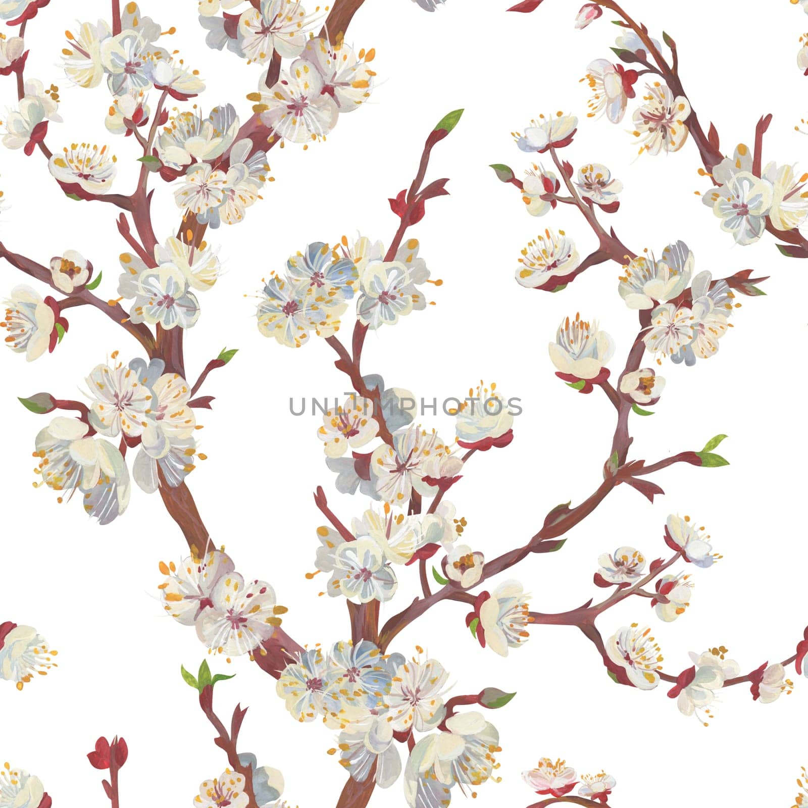 Botanical seamless pattern with sakura cherry branch drawn in gouache