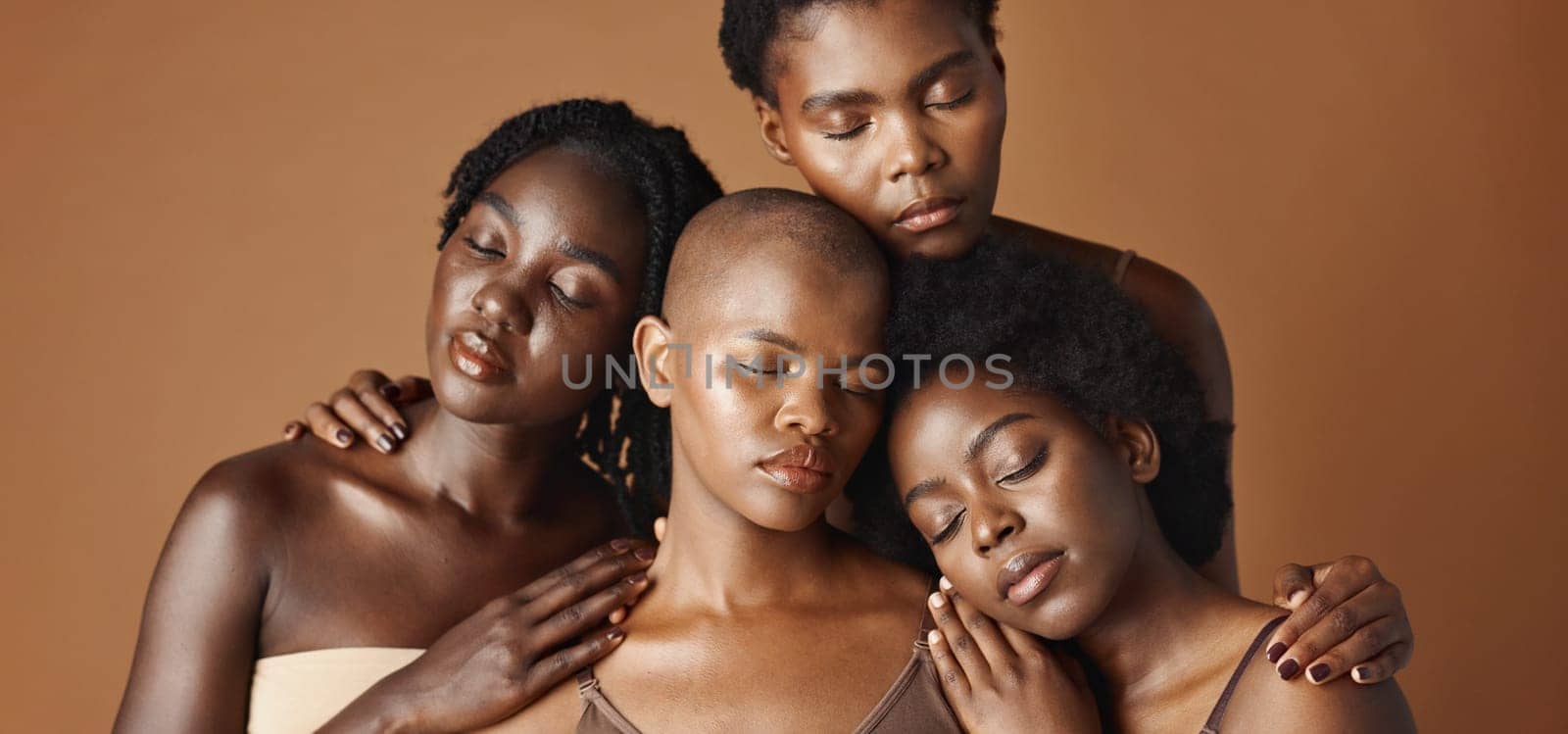 Skincare, beauty and face of black women in studio with glowing, natural and facial routine. Health, cosmetic and portrait of African female friends with dermatology treatment by brown background. by YuriArcurs