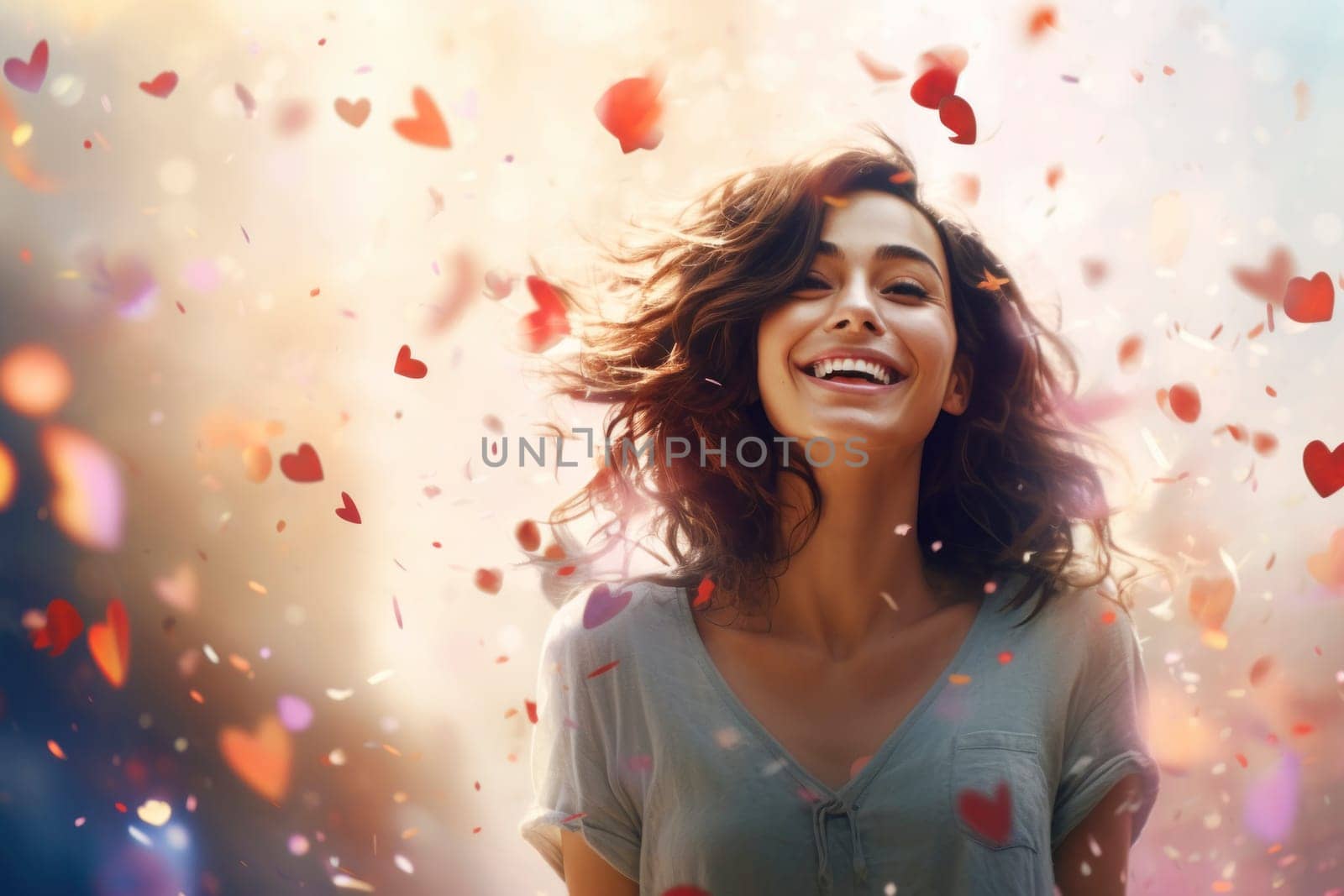 Happy smiling young woman standing under falling confetti, atmosphere of celebration, joy and fun