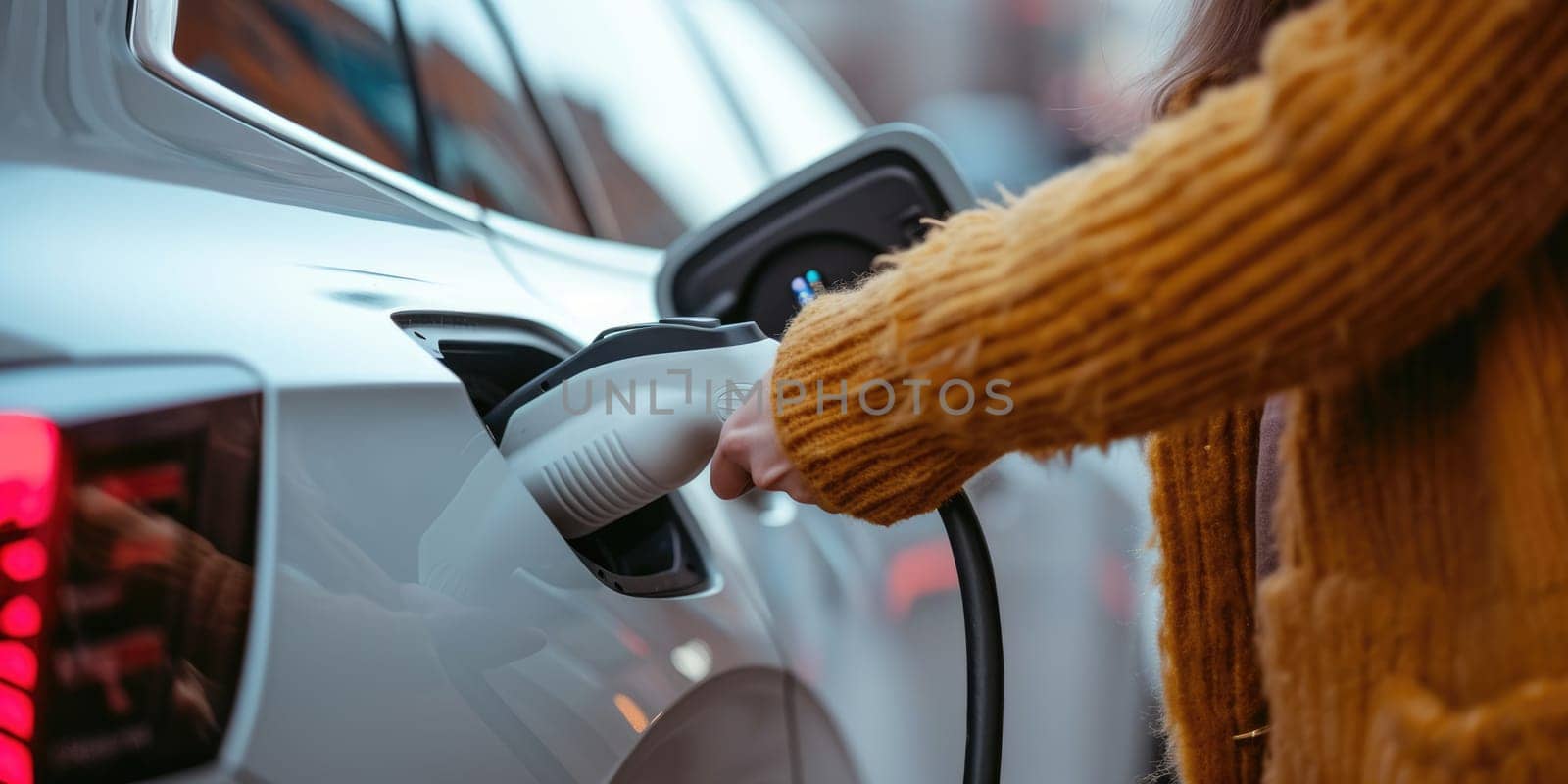 Young woman plugs charging gun in her electric car while standing comeliness